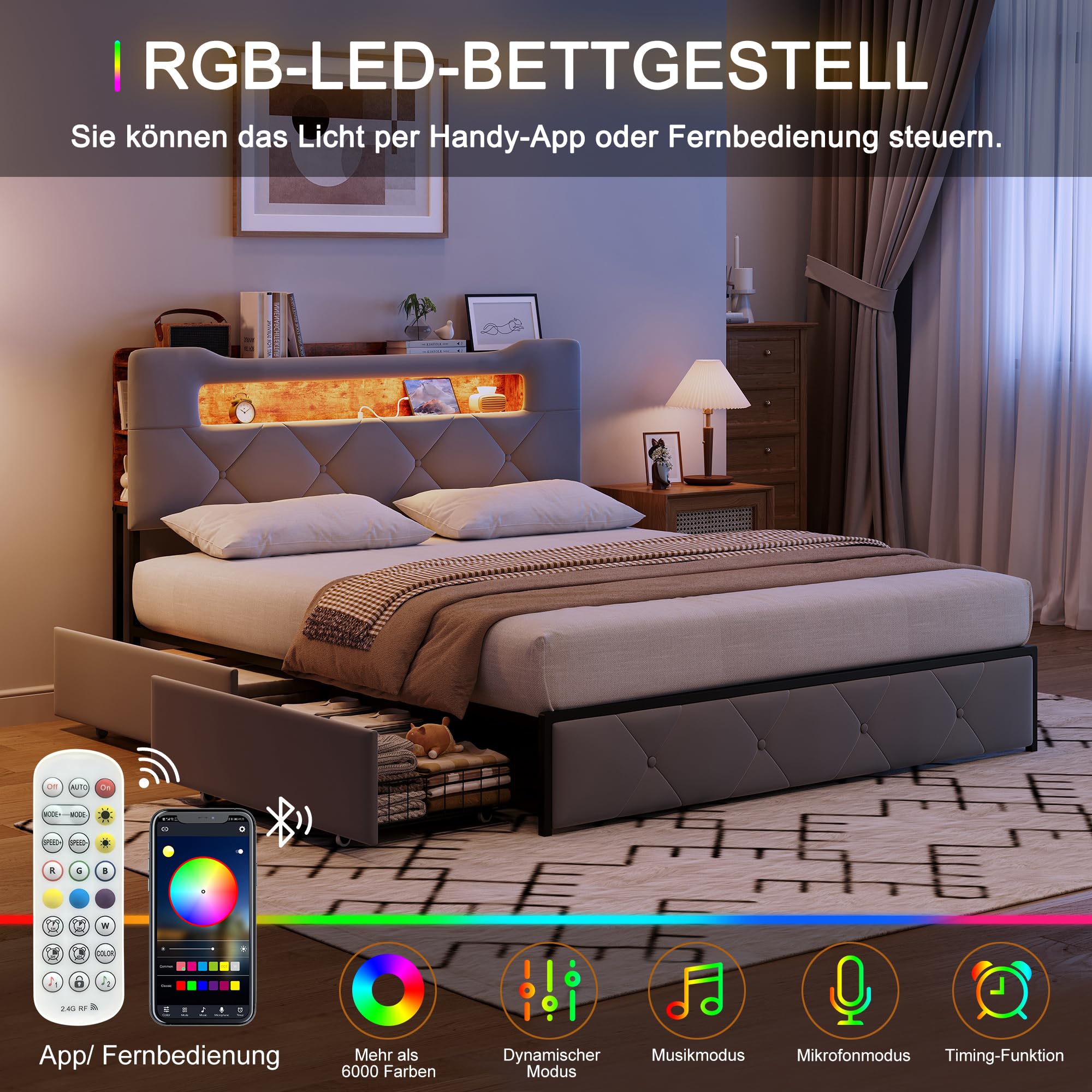 CDQL Łóżko tapicerowane podwójne 160 x 200 cm z 4 szufladami, łóżko młodzieżowe ze złączem USB i oświetleniem LED, zagłówek ze schowkiem, łóżko dla gości, łóżko funkcyjne, aksamit, szare