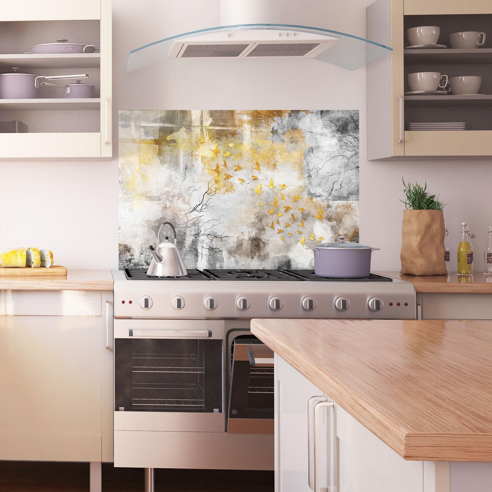 ARTHUB® Crédence de Cuisine en Verre 60x100 cm, Gold Birds Flying | Protection Contre Les éclaboussures, Revêtement Mural en Carreaux, Plaque en Verre, Verre trempé, Abstrait, Art Abstrait