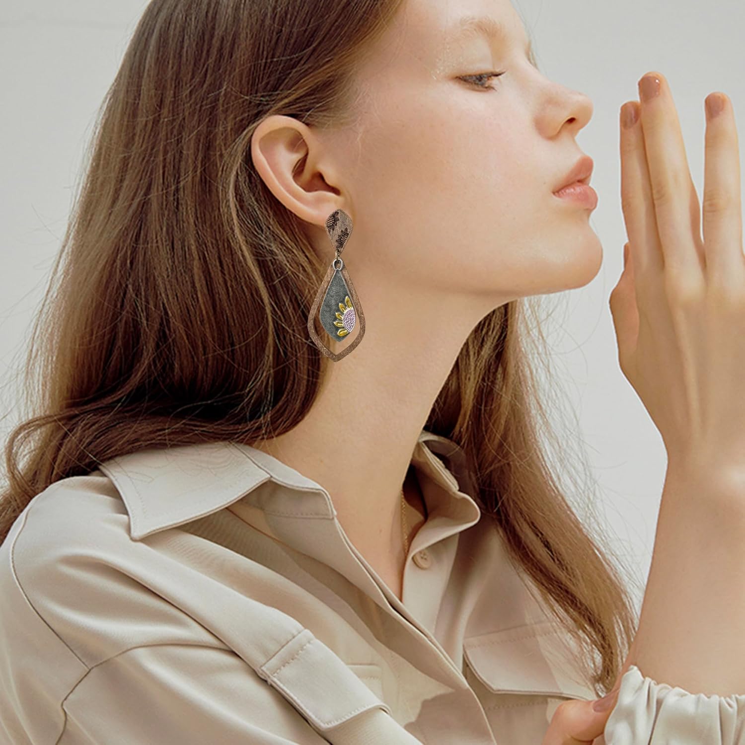 Bohemian Handmade Vintage Copper Wood Leaf Flower Geometry Dangle Drop Earrings Sunflower Stud Earrings For Women - Image 2