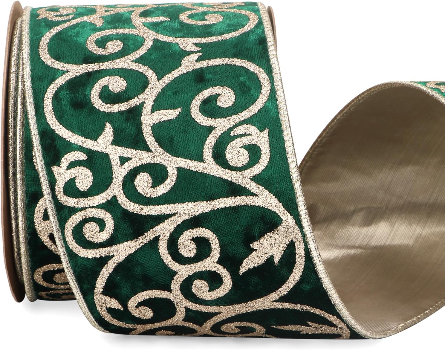 Ribbli Light Champagne Velvet Ribbon Wired with Glitter Swirl 4 Inch Christmas Ribbon for Christmas Tree Decoration Big Bow Gift Wrapping Crafts Wreaths Supplies - 10 Yards