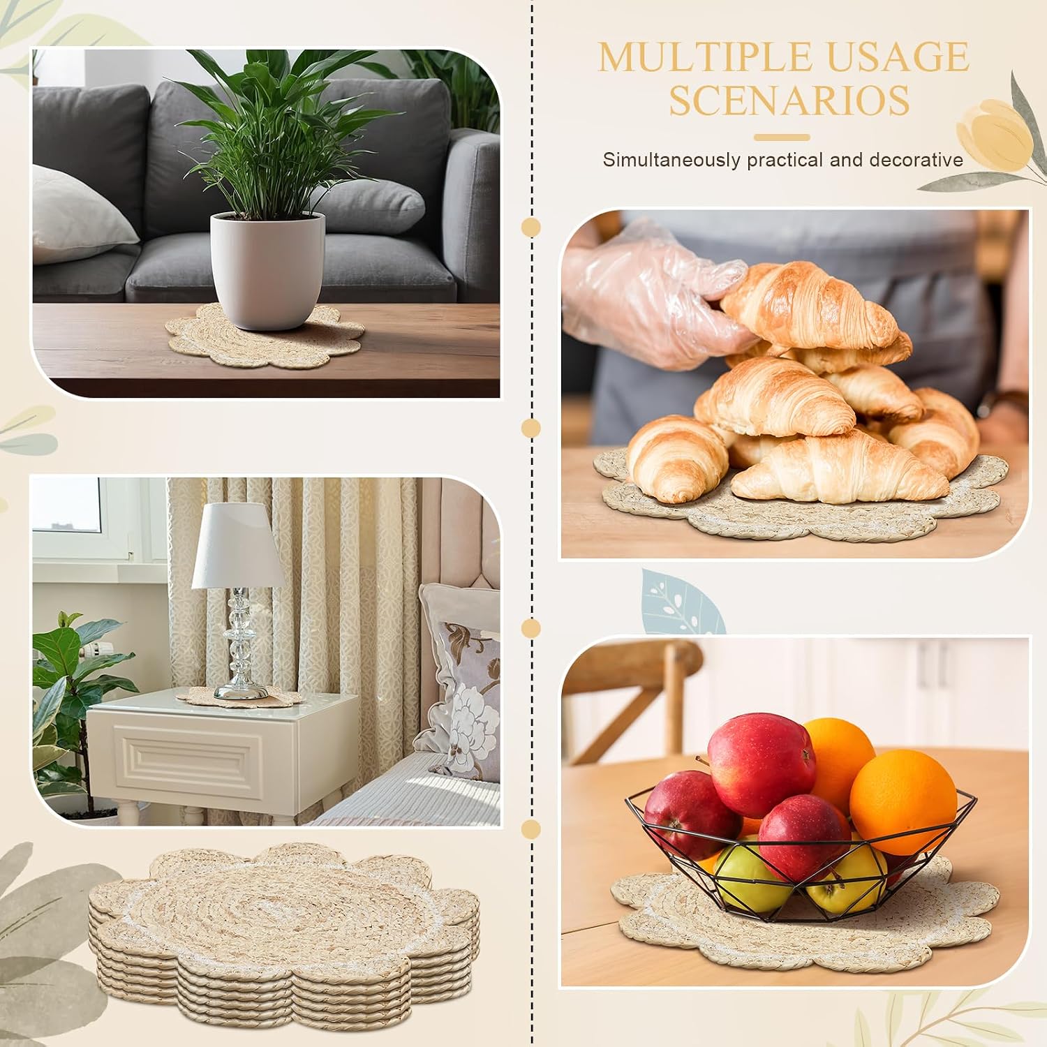 6 Set 13.8" Scalloped Woven Rattan Placemats with Wooden Bead Napkin Rings, Heat Resistant, and Non-Slip, Scalloped Edge Boho Farmhouse Braided Straw Table Mats for Kitchen & Dining Wedding
