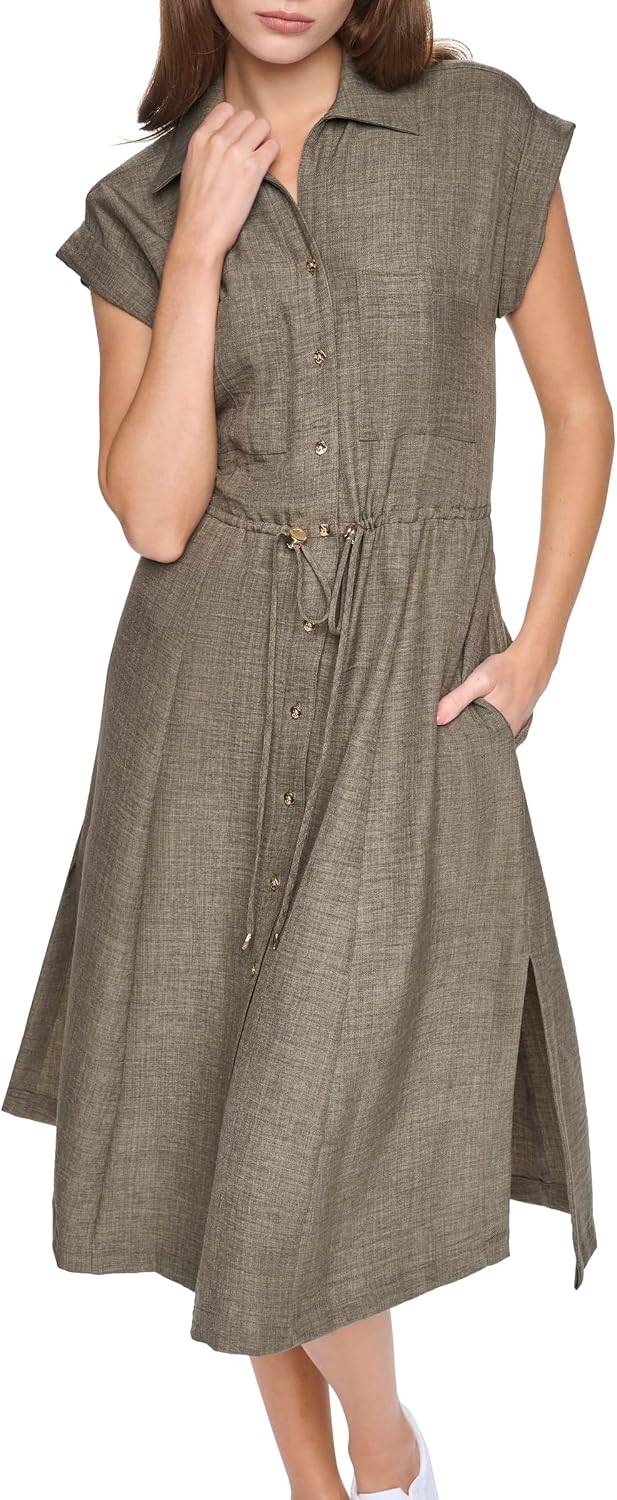 Halston Women's Cap Sleeve Short Shirt Dress with a Drawstring Waist