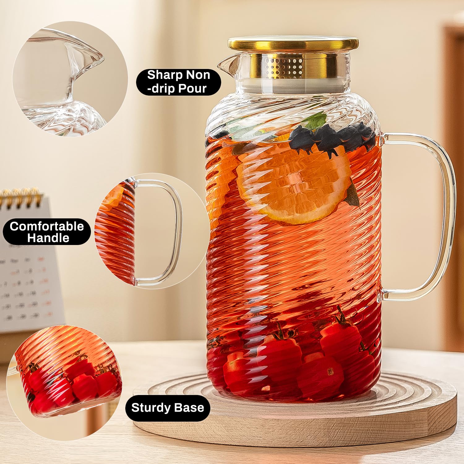 Buaic Confezione da 2 brocche in vetro con coperchio, 2 litri, motivo a spirale, caraffa per acqua in vetro per birra fredda, caffè, limonata, tè al sole freddo, bevande, latte, resistente al calore