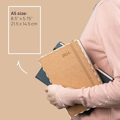 Miniatura 6 de POPRUN Agenda diaria reciclada 2024, una página al día, materiales 100% ecológicos, agenda 2024 con calendario mensual, bolsillo interior plegado,