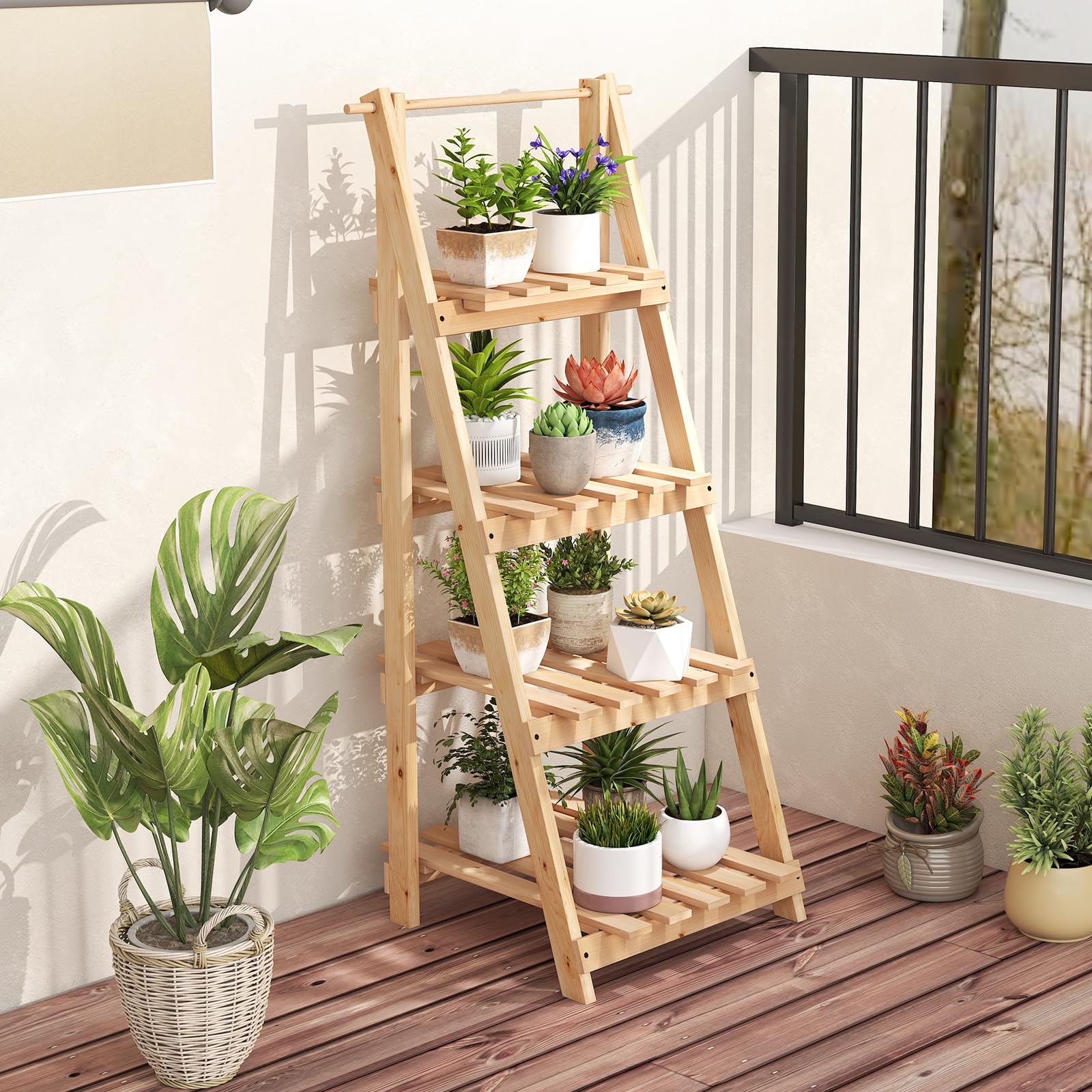 HOMASIS Porte-plantes d'intérieur à 4 étagères, étagère présentoir à escalier en bois d'épicéa, support pour plantes pliable et multifonctionnel pour salon, entrée, 38 x 52 x 109 cm, naturel