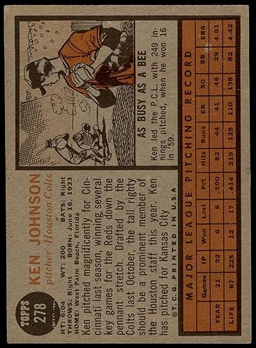 Miniatura 2 de 1962 Topps # 278 Ken Johnson Houston Colt 45s (Baseball Card) VGEX Colt 45s