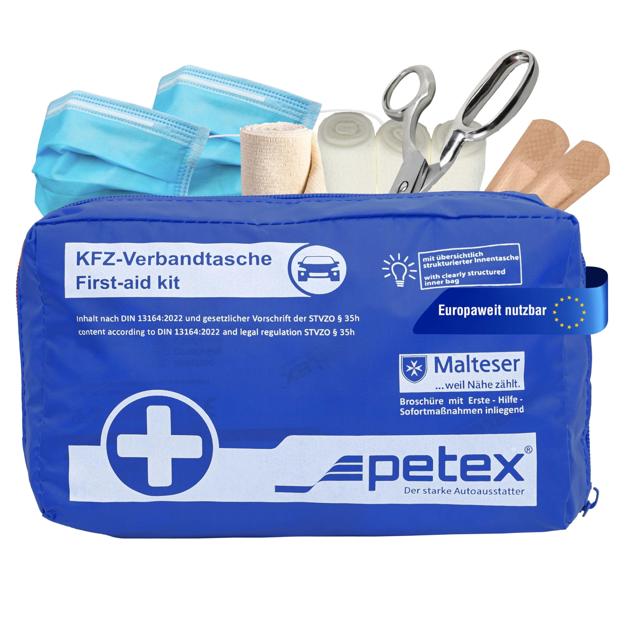 Petex Verbandtasche KFZ-Verbandtasche, blau, aktuelle Norm 2022, Inhalt nach DIN 13164:2022
