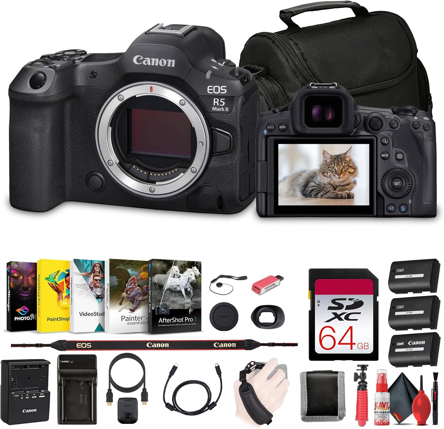 Canon EOS R5 Mark II Mirrorless Camera, 45MP, Full-Frame Hybrid Camera, 8K Video (6536C002) + 64GB Memory Card + Bag + Photo Editing Software + Charger + Card Reader + More (Renewed)