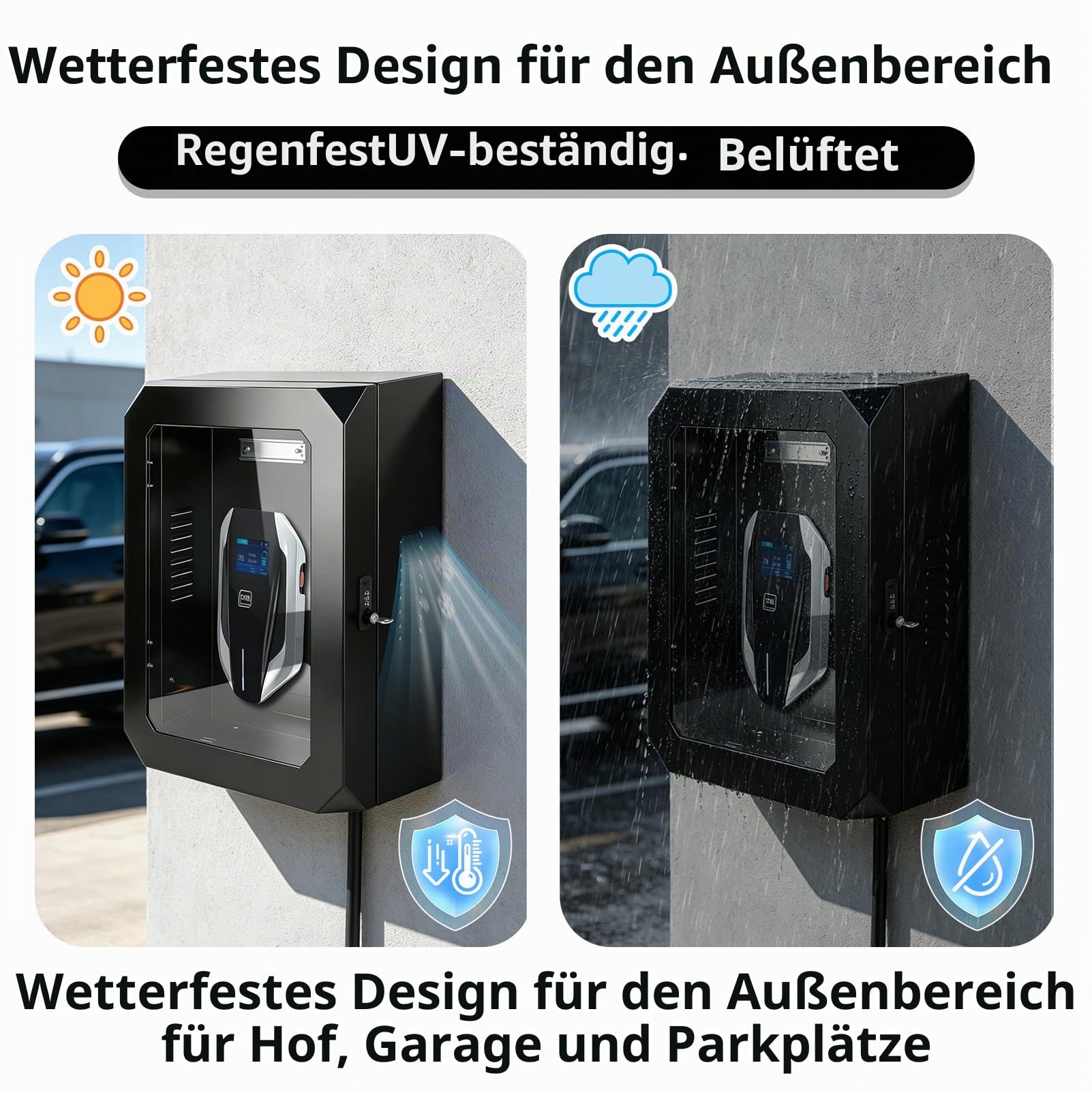 Wallbox Wetterschutz Schutzbox mit Kabelaufroller für EV Ladestation | Abschließbare Wallbox Schutzbox aus Stahl mit Acrylfenster, UV- und Regenschutz für Outdoor Ladestationen mit Kabelmanagement