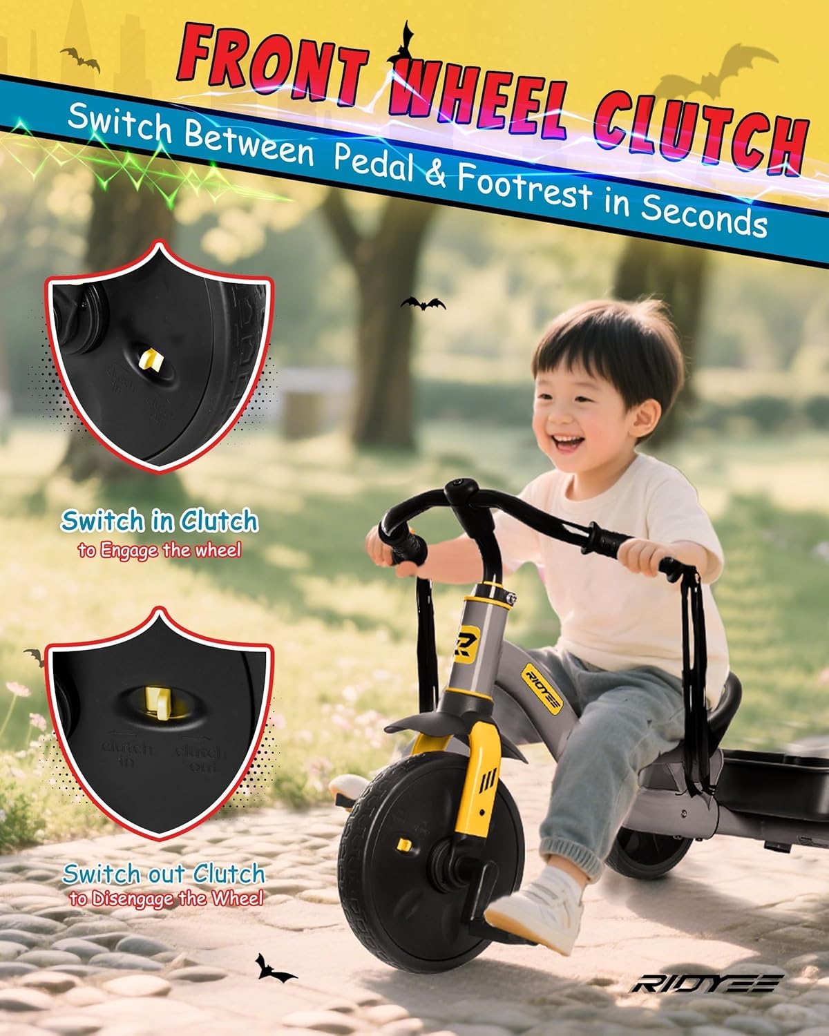 RIDYEE 2-in-1 Tricycle for Toddlers Ages 1.5–3, Trike with Extended Push Handle, Removable Wagon-Style Basket, Adjustable Handlebar with Tassels, and Fore-AFT Adjustable Seat, Grey