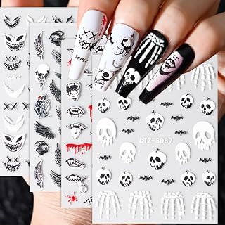 5D Halloween Nail Art Stickers Scary Nail Decals Gothic Self-Adhesive Nail Stickers Ghost Skull Sky Wings Evil Eyes Tooth Design Nail Art Supplies Horrible Halloween Party Nail Decoration 4 Sheet