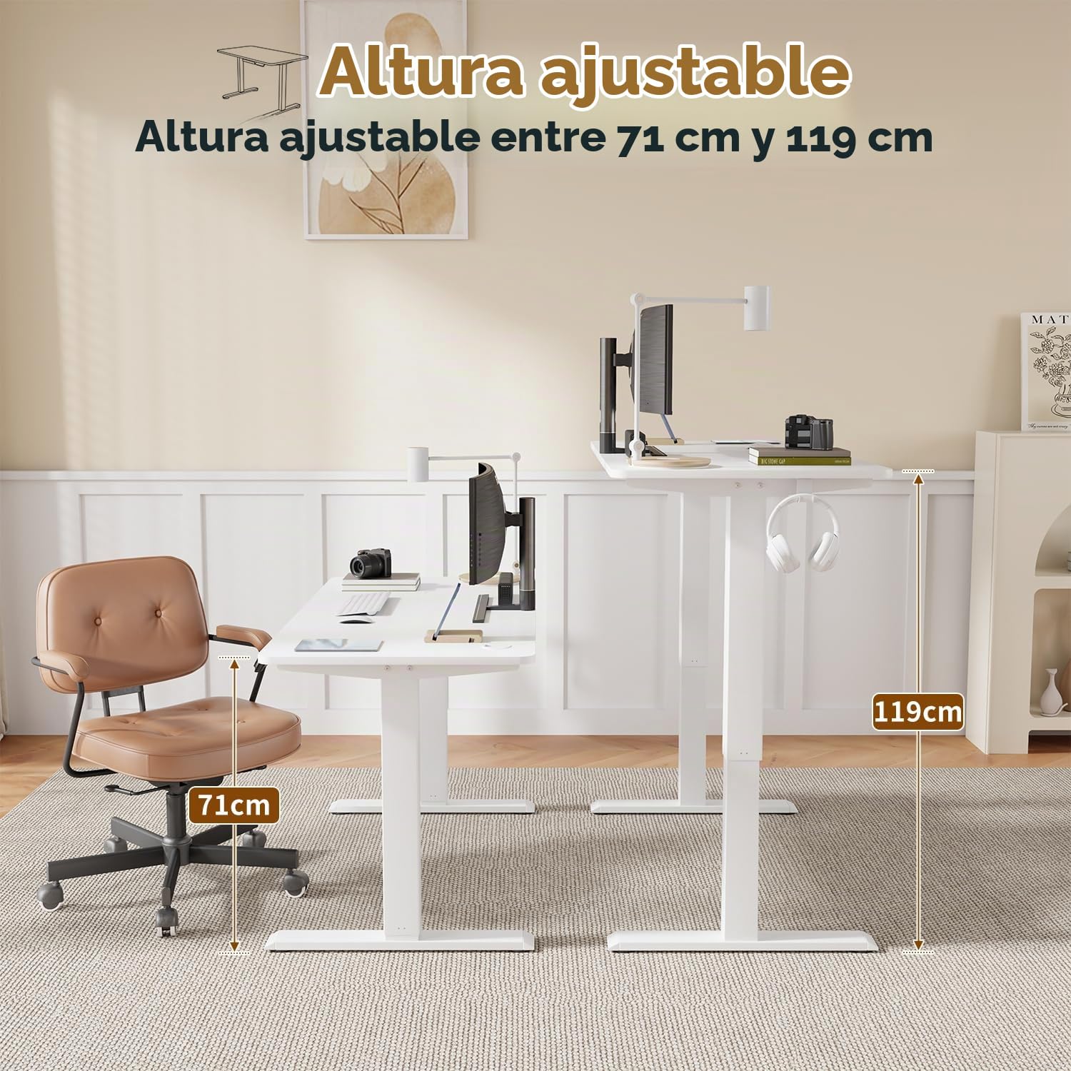 Devoko Escritorio Elevable Eléctrico,Escritorio Regulable en Altura con Gancho, 71-119 cm, 2 Opciones de Memoria Inteligente, Adecuado para Estudiar Trabajar (Blanco, 120x60cm)