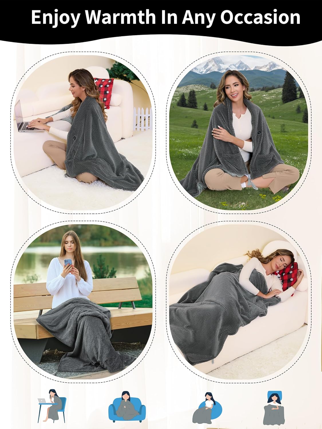 Heated Blanket Throw Battery Operated, Portable Cordless Heated Shawl Ponchol with 4 Heating Areas & 3 Heating Modes,Electric Wearable Heating Outdoor Camping Blanket for Traveling,Picnics - Image 6