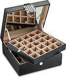 Earring Organizer - Classic 50 Section Jewelry Box&sol;Case&sol;Holder for Earrings&comma; Rings&comma; Necklaces&comma; Jewelry&comma; Cufflinks or Collections -2 Layer Small Compartments with Large Mirror - Black