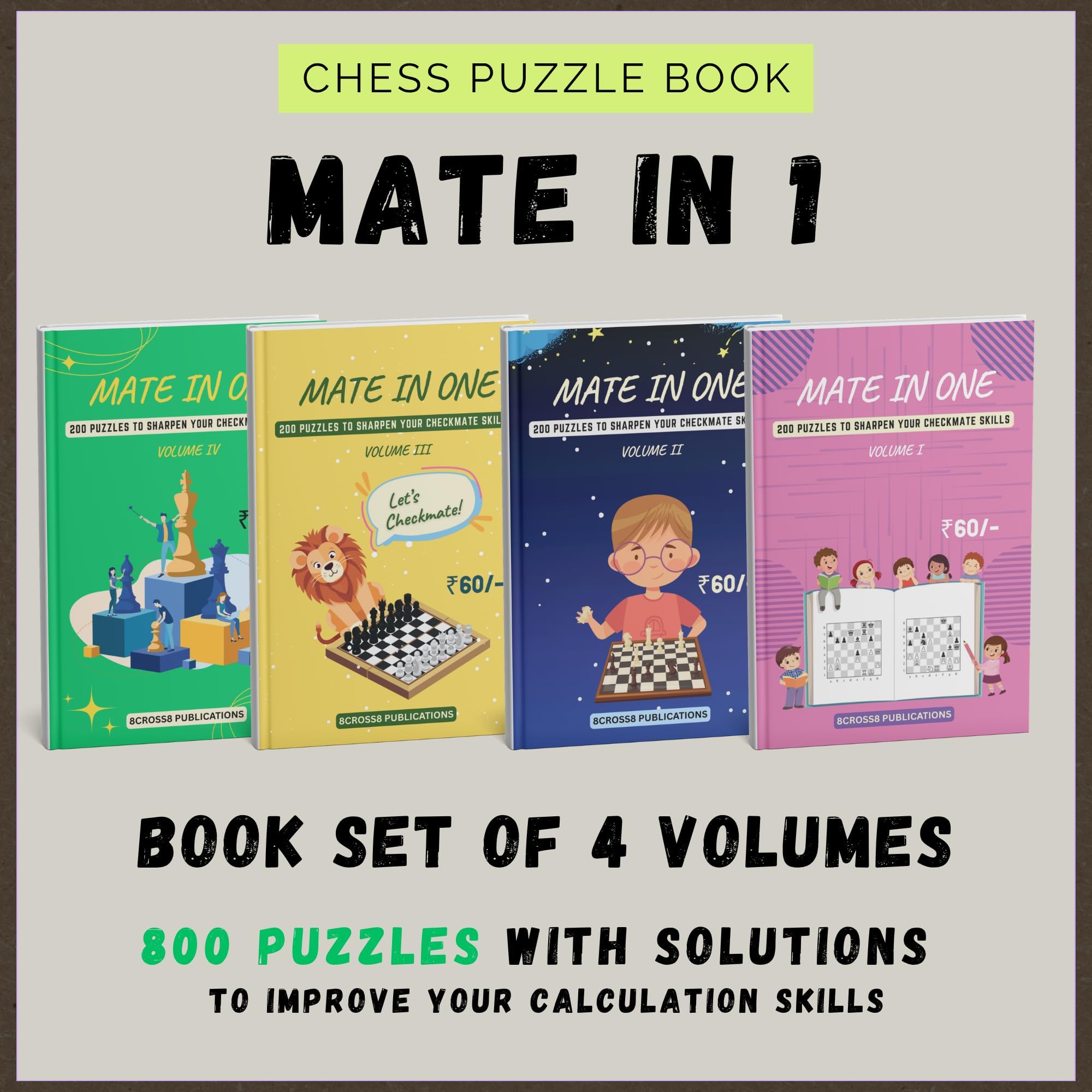 Mate in 1 Move - 4 books Set (800 puzzles, 200 per book) | Free MDF Chessboard keychain