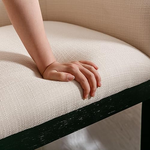 Miniatura 7 de Washon - Juego de 2 sillas de comedor tapizadas con brazos, sillas de comedor de tela de lino de granja con patas de madera negra, sillas de brazo