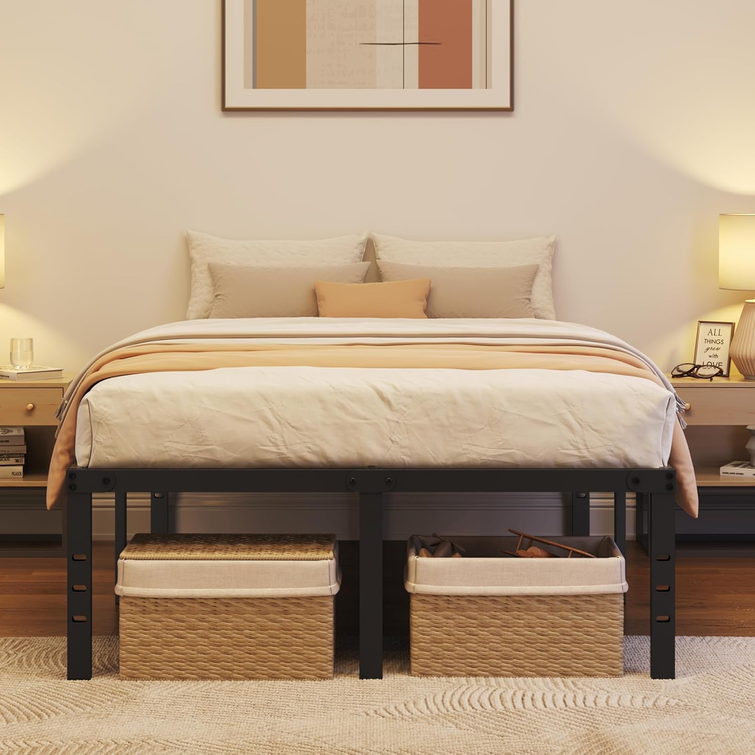 Assembled bed frame with storage boxes underneath