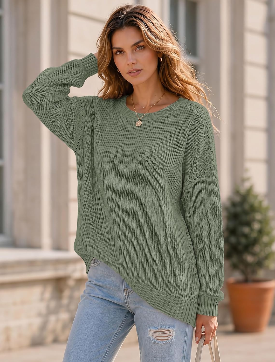 GUNEST Oversized Sweaters for Women Batwing Long Sleeve Casual Crewneck Lightweight Pullover Sweater