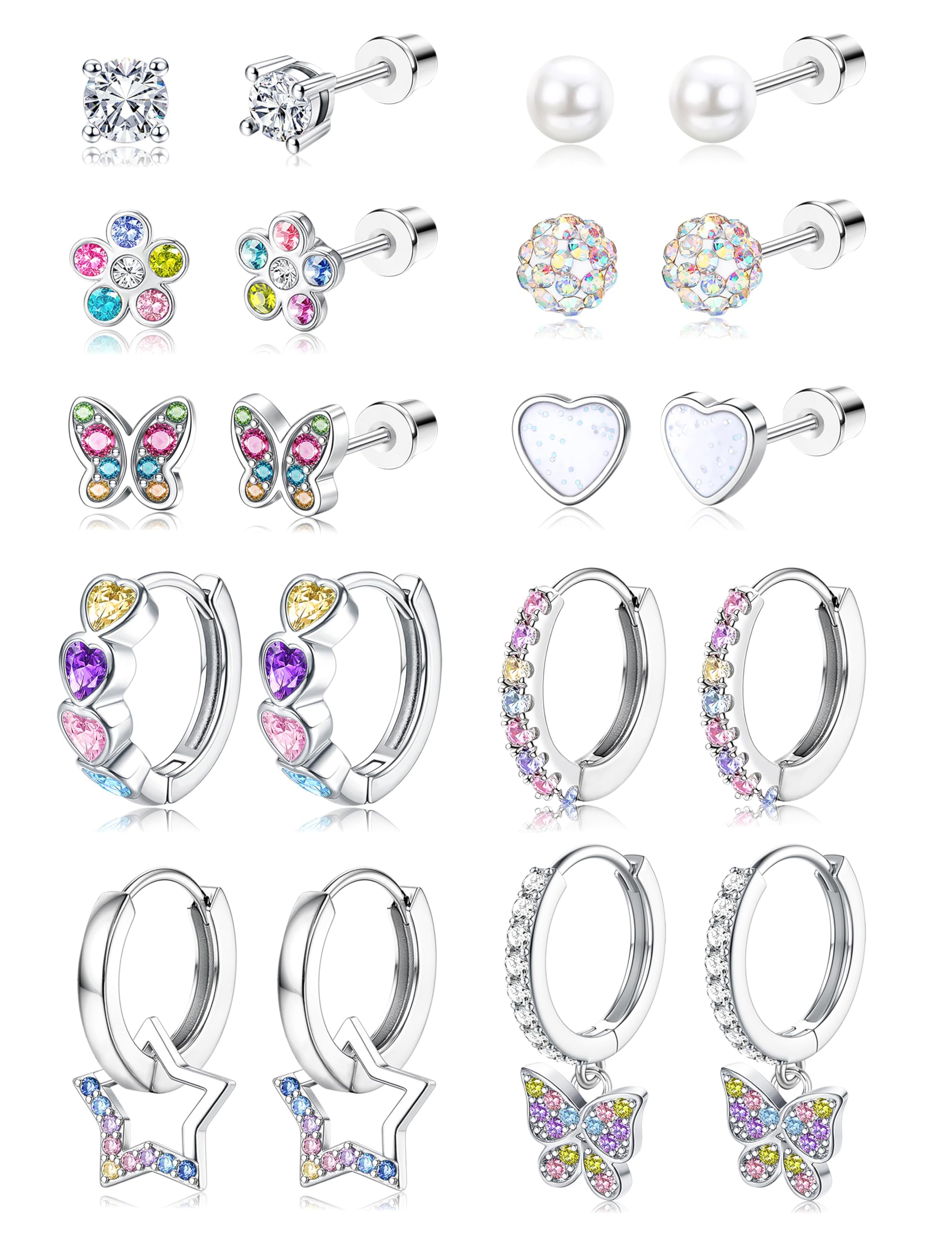 LOLIAS 10 Paires Boucles d'oreilles pour Fille Femmes Acier Inoxydable Creoles Argent Coeur Perle Fleur Papillon Boucle d'oreille Enfant Fille Hypoallergéniques Bijoux Cadeau Anniversaire Filles