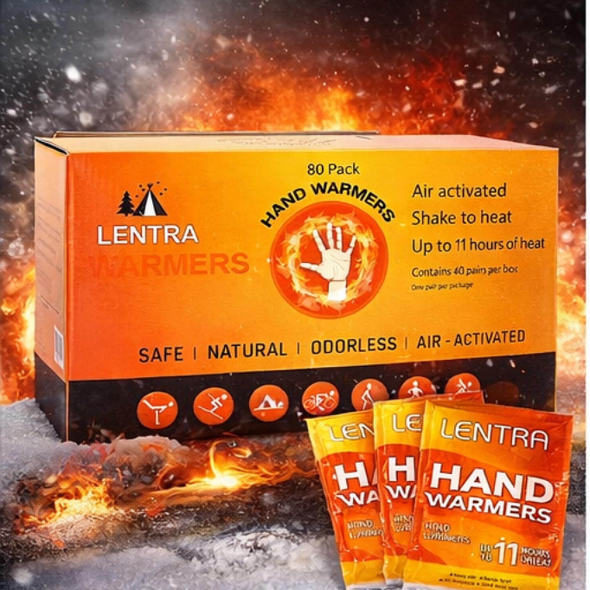 Hot Hand Warmers - 80 Count - 11 Hours Long Lasting Air Activated Heat Packs for Hands, Toes and Body, Natural Safe and Odorless Single Use Up to 10 Hours of Heat - TSA Approved