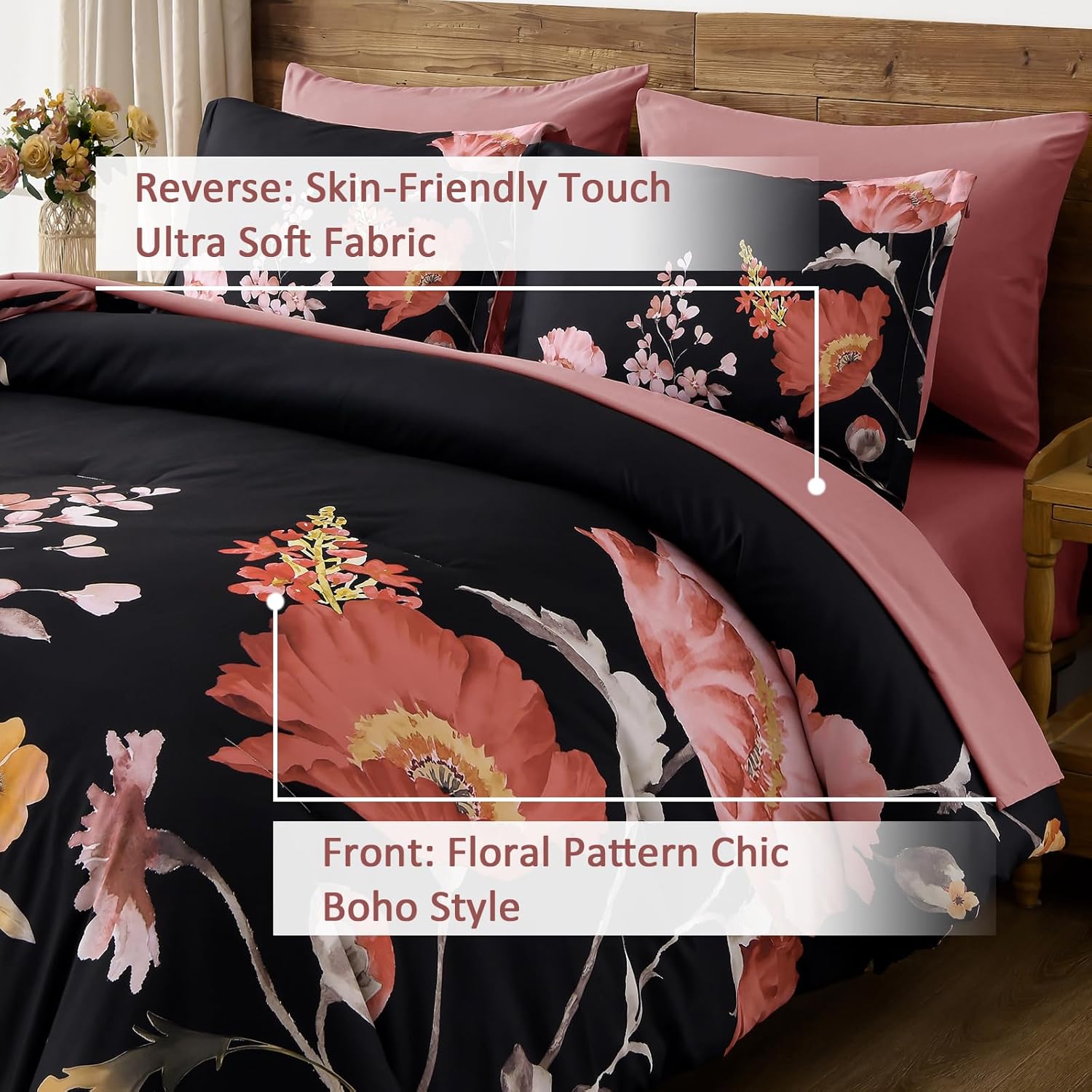 DJY Floral King Comforter Set - 7 Pieces Black & Blush Floral Bed in a Bag with Flower Leaves Pattern, Soft Microfiber Botanical Comforter and Sheet Set, All Season Bedding Set (104''x90'') - Image 8