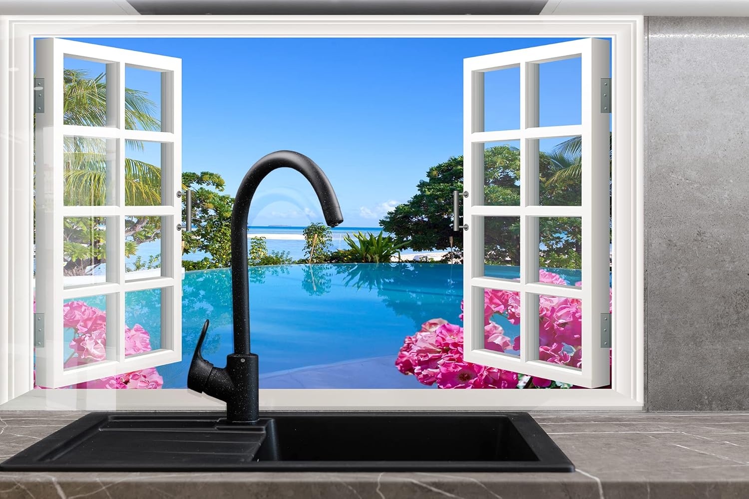 Myphotostation Sea View Tempered Glass Backsplash 23.5Wx12H'' Window View Splashback for Kitchen Decor Bathroom Wall Protector Oven Backsplash Panel Tile Glass Cooker Splashback