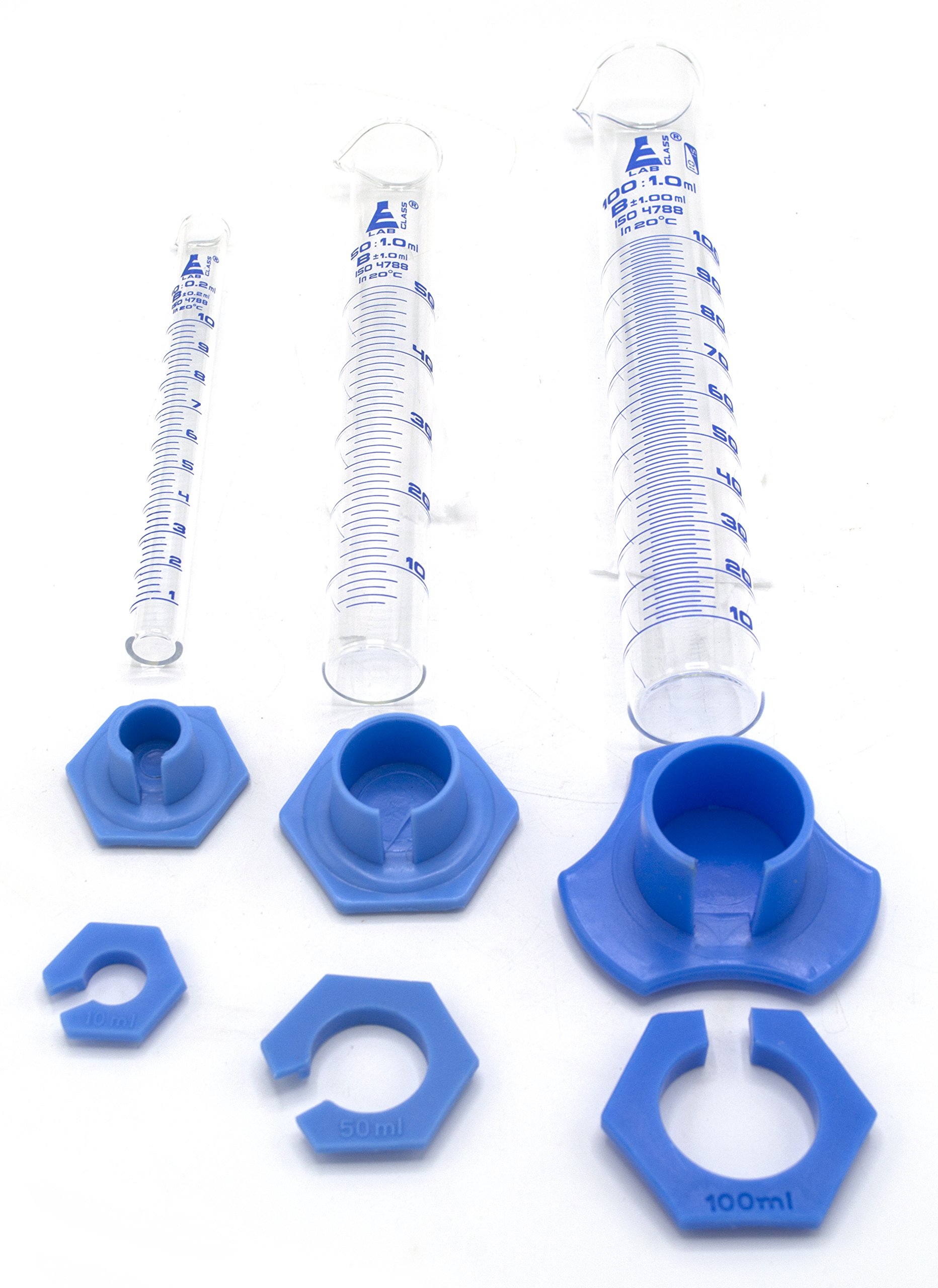 Eisco Labs - Set di cilindri dosatori, classe B, 10 ml, 50 ml e 100 ml, con base esagonale e collari protettivi in plastica, graduazioni blu, vetro borosilicato