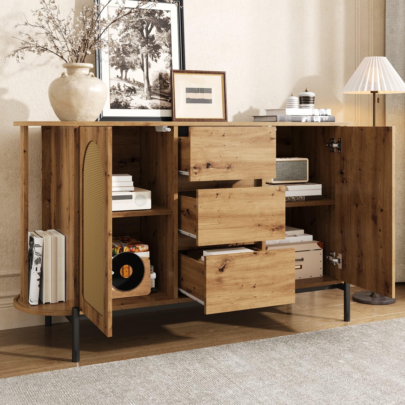 KOMHTOM Ensemble Meubles Salon 3 Pièces Meuble TV 200cm Buffet Table Basse Portes Coulissantes Effet Cannage Rotin Naturel(Bois Naturel - Effet Cannage (3 Pièces))