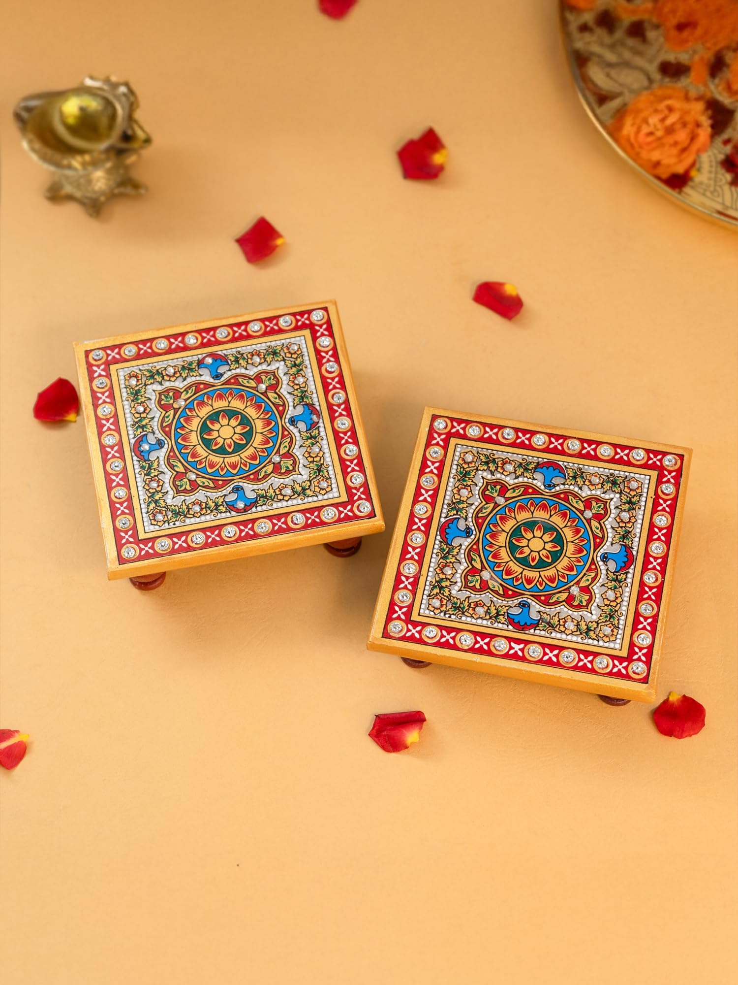 Petit support pour les idoles de Dieu Lot de 2 Chowki en marbre peint cadeau de pendaison de crémaillère