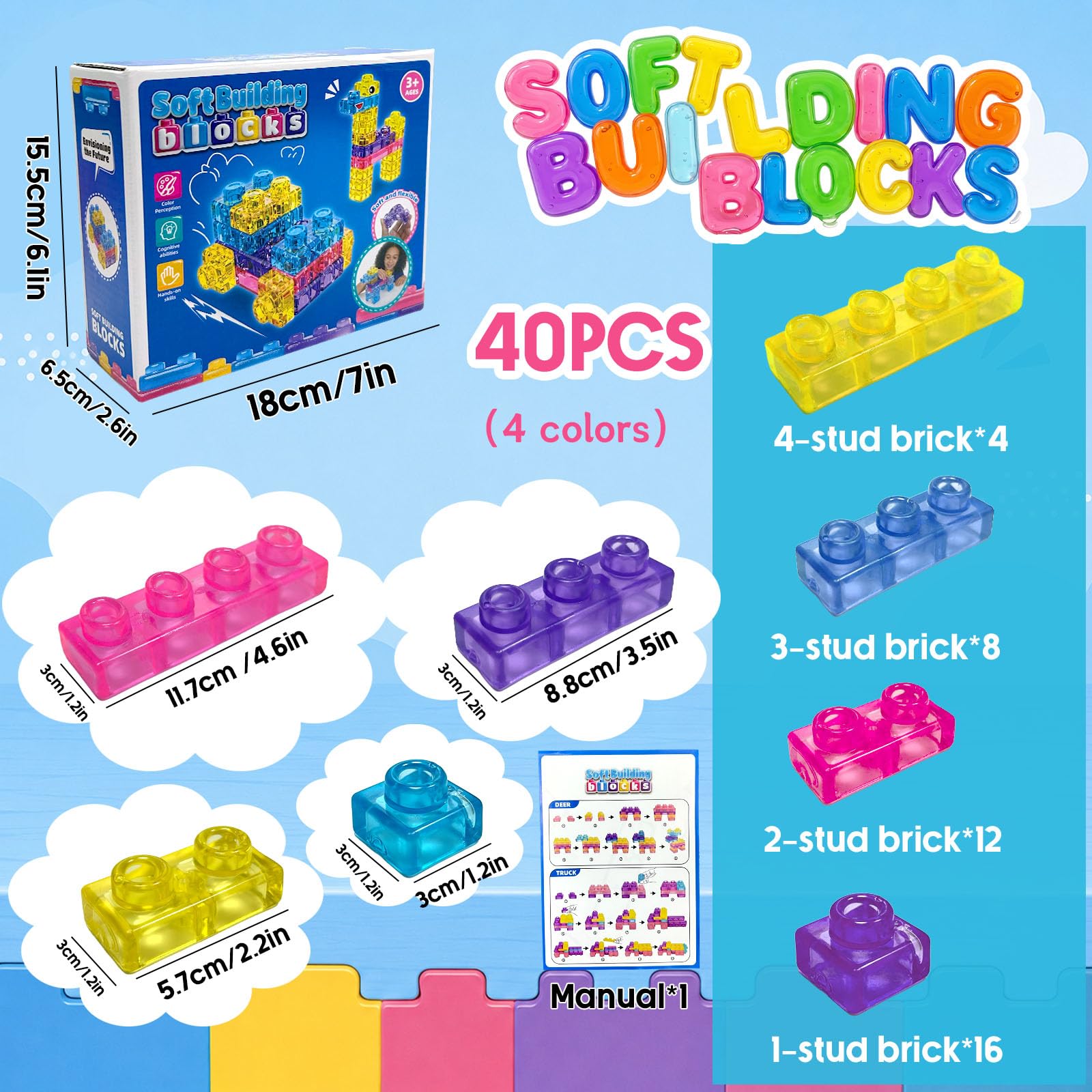 Blocchi da Costruzione Sensoriali, 40 Pezzi Jelly Blocchi, Gioco Espandibili, Morbidi e Flessibili, Giochi Sensoriali