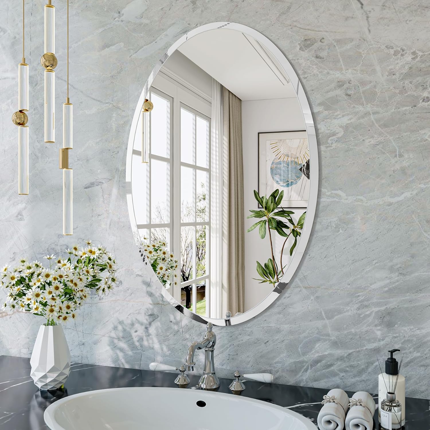 Espejo Ovalado Sin Marco 16x24 Pulgadas con Bisel para Baño y Pared