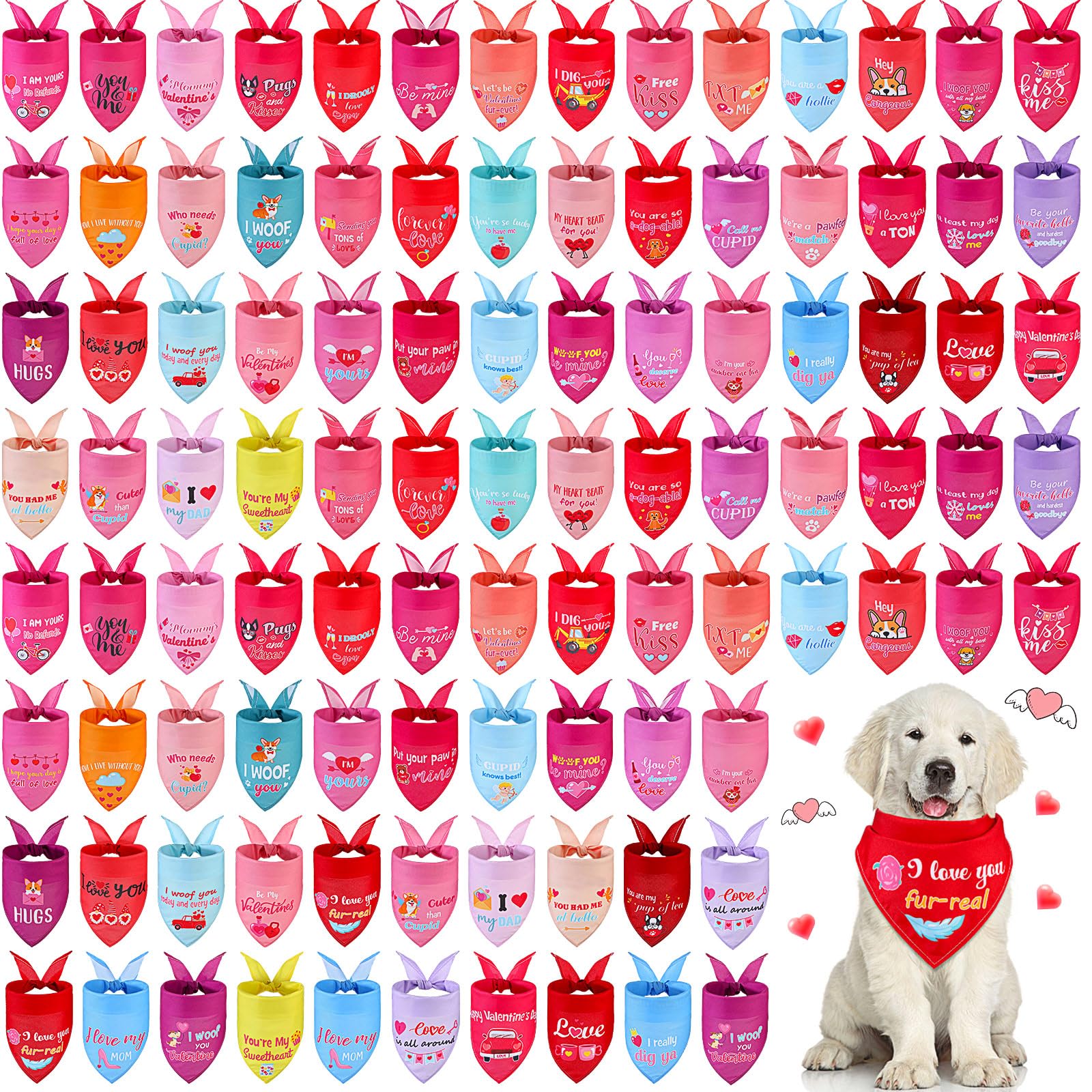 Clysee 100 Pcs Dog Bandana Bulk with Sayings Pet Triangle Scarf Bibs Washable Puppy Kerchief Adjustable Grooming Supplies for Small Medium Large Dog