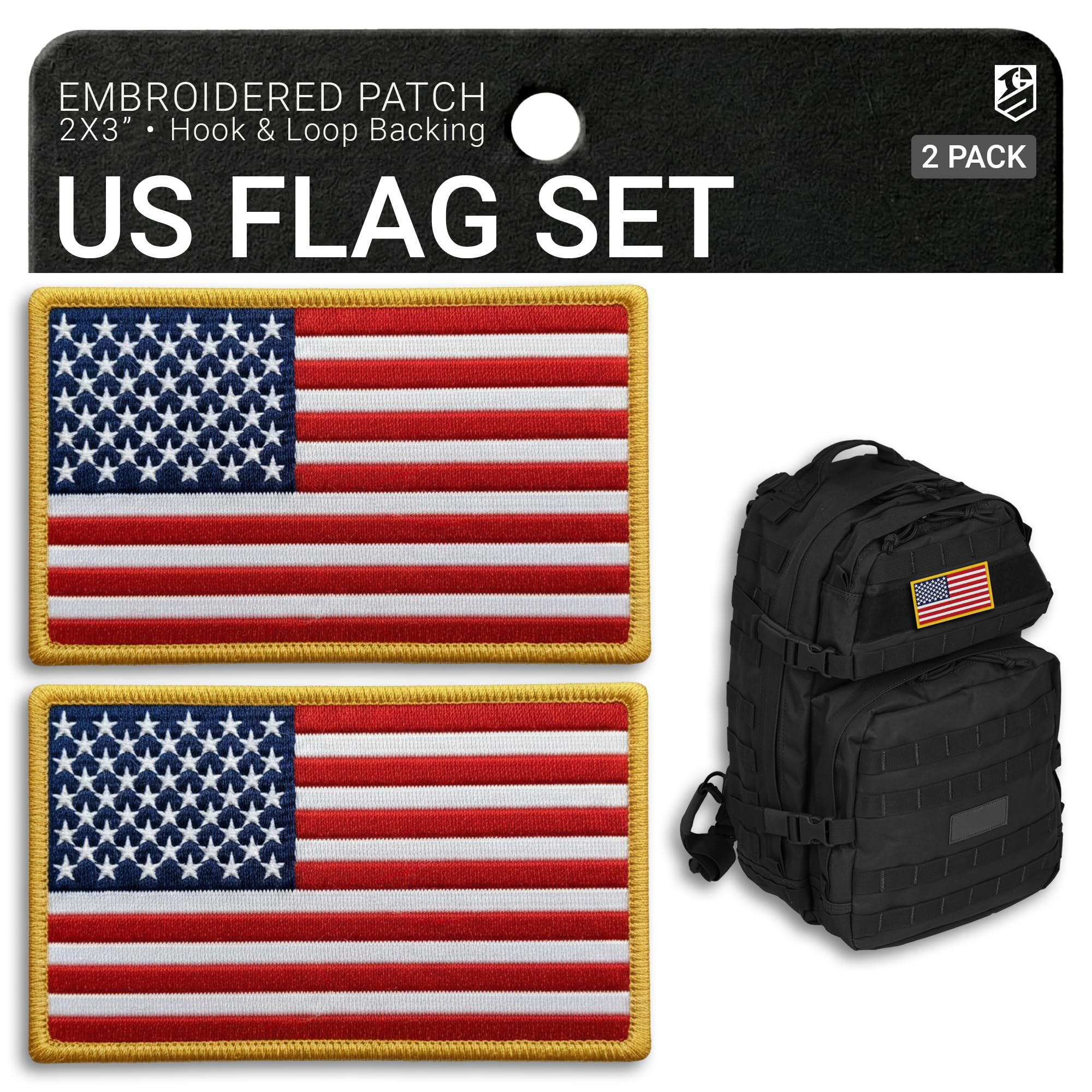 2-Pack American Flag Patch Premium Hook & Loop Embroidered Tactical Patches for Backpacks Tactical Vest Helmet Jacket Dog Vest Harness USA Flag Patch Small American Patches Sew on 2x3 Inch