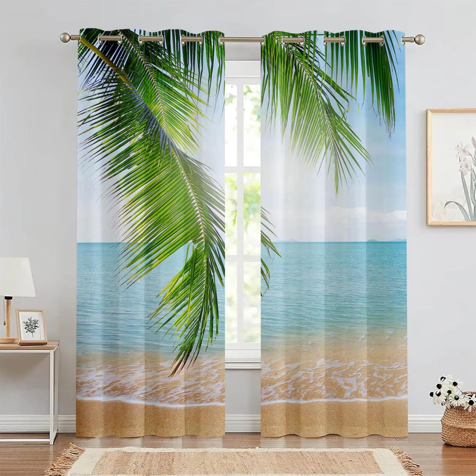 2 Stück Vorhänge mit 3D-Druck, Motiv: Blauer Himmel, Strand, Meer, Landschaft, Küche, Schlafzimmer, Wohnzimmer, Fensterdekoration WxH/2x130x245cm blickdichte vorhänge