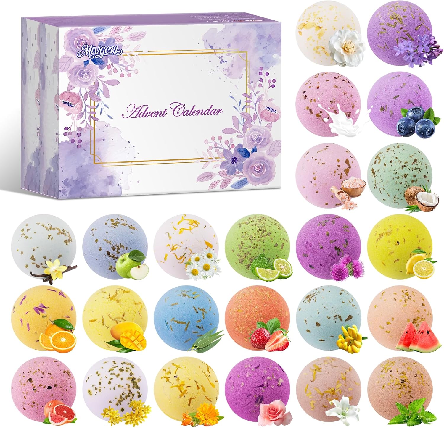 Advent Calendar 2026, 24 Different Natural Scents Bath Bombs Advent Calendar for Relaxation & Stress Relief-Christmas Gift for Women & Men, Stocking Stuffers