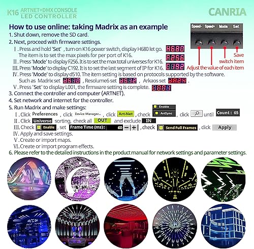Miniatura 5 de CANRIA Controlador LED de consola K16 ARTNET+DMX, control de iluminación profesional, adecuado para SPI TTL, en línea fuera de línea, programable