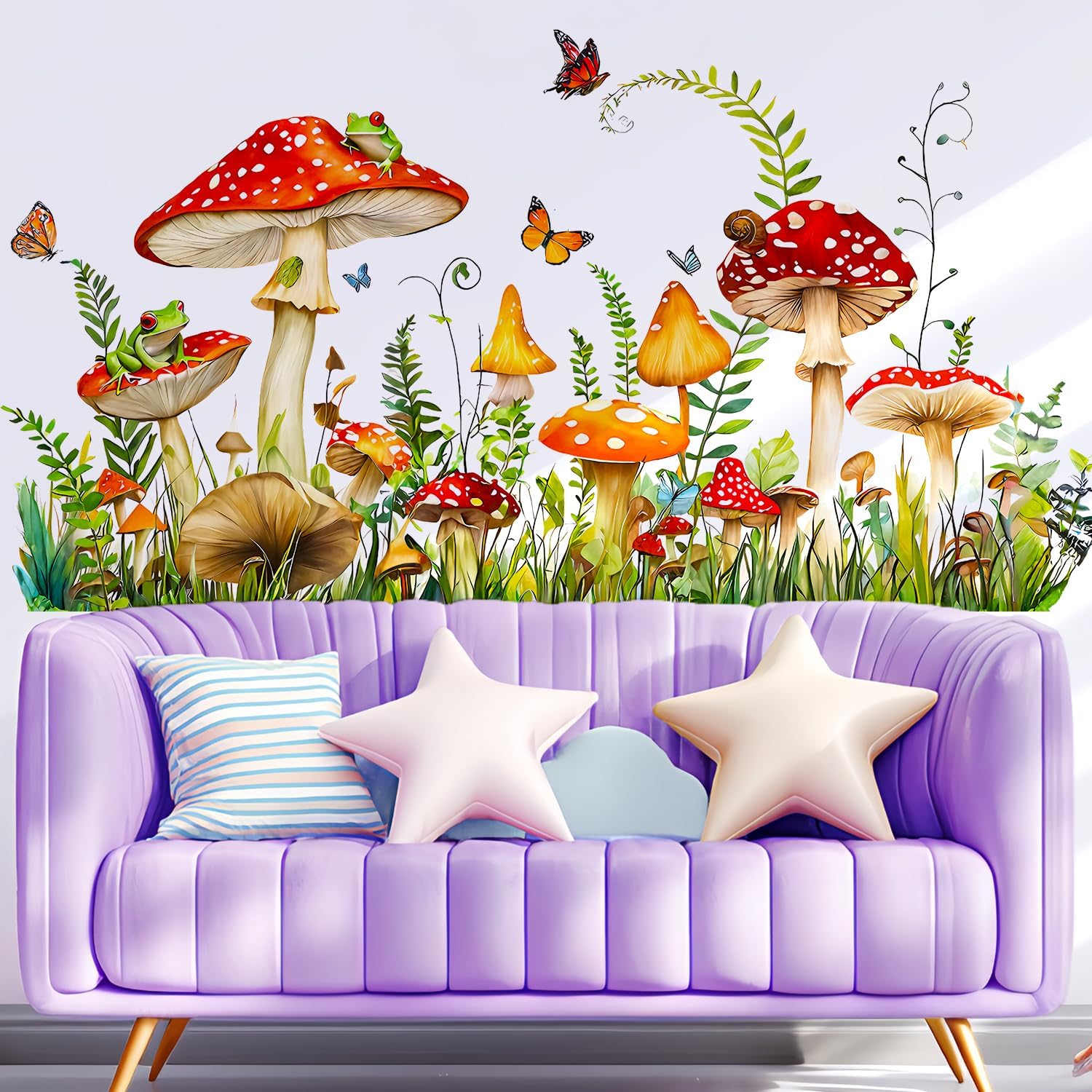 Mushroom Wall Decals Peel and Stick, Frog Butterflies Grass Vinyl Wall Stickers, Removable Home Decor Art for Bedroom Living Room Classroom Office