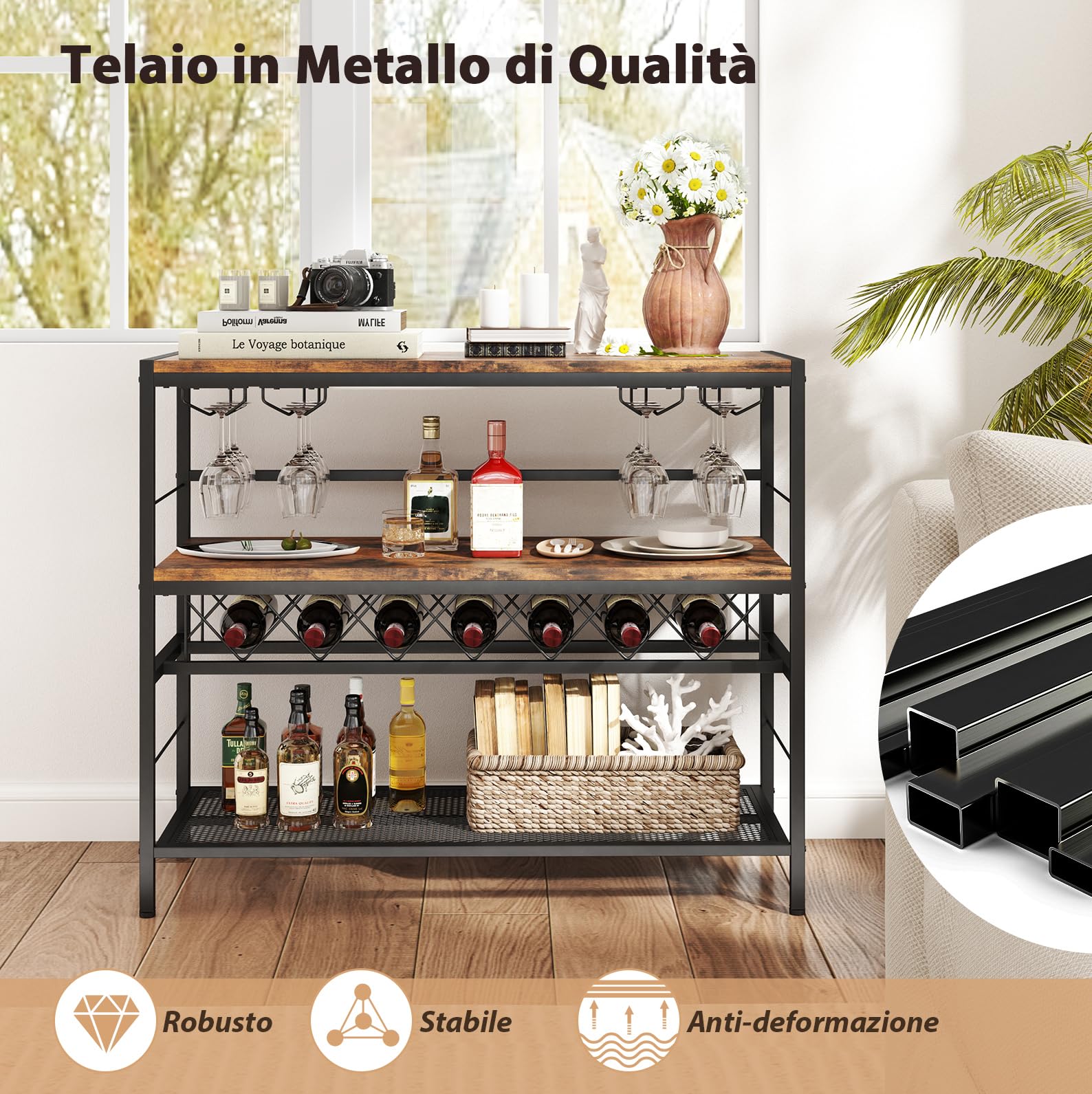 RELAX4LIFE Portabottiglie da Vino da 104 CM, Tavolo Bar per Vino con 4 Supporti per Bicchieri, Piano di Lavoro Ampio, Ripiani di Stoccaggio, Supporto per Bottiglie da Vino per Cucina, Soggiorno