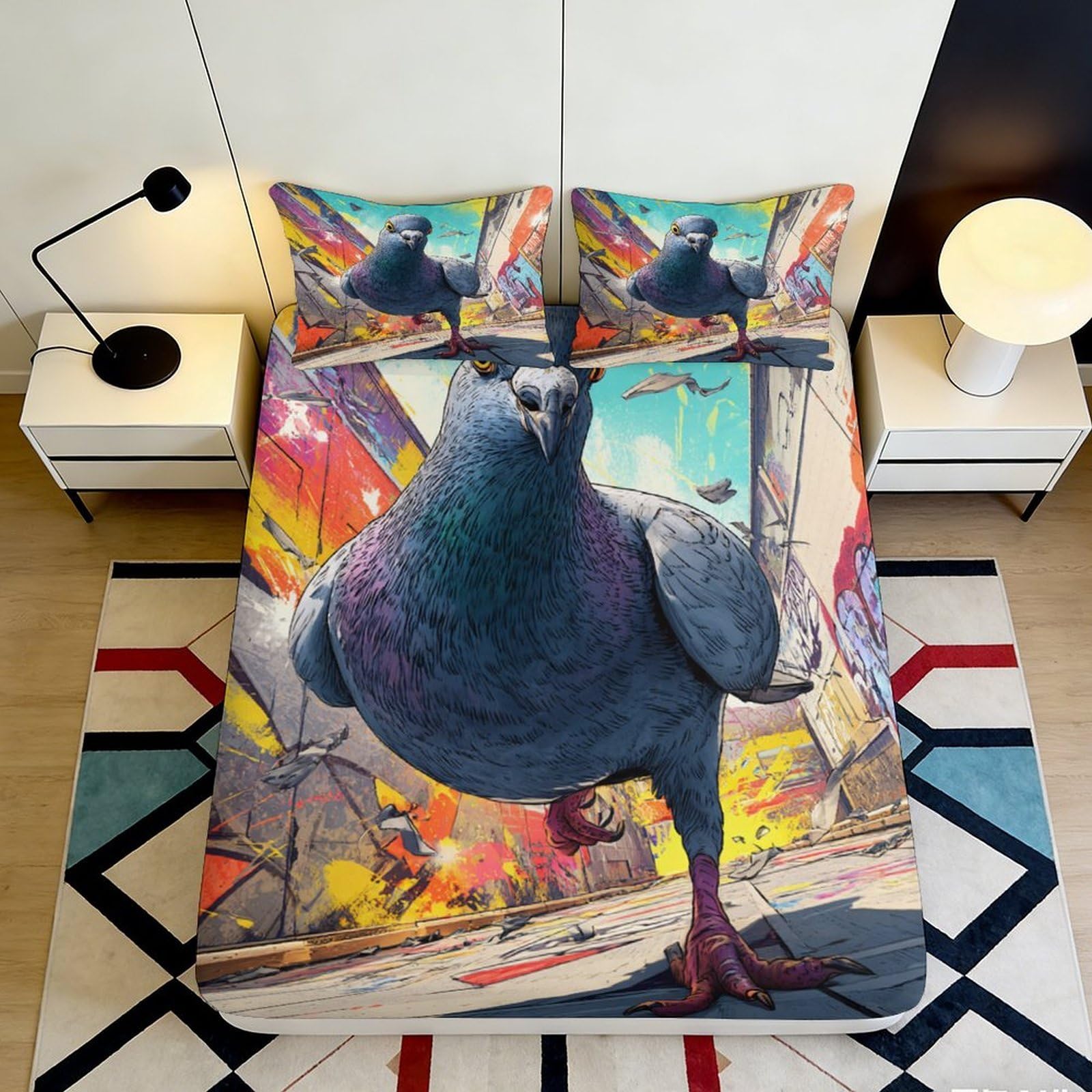 3D Printed Graffiti Pigeon Fitted Sheet Microfiber Soft Urban Street Art Bed Cover for Bedroom Dorm Easy Care 160x200x25cm