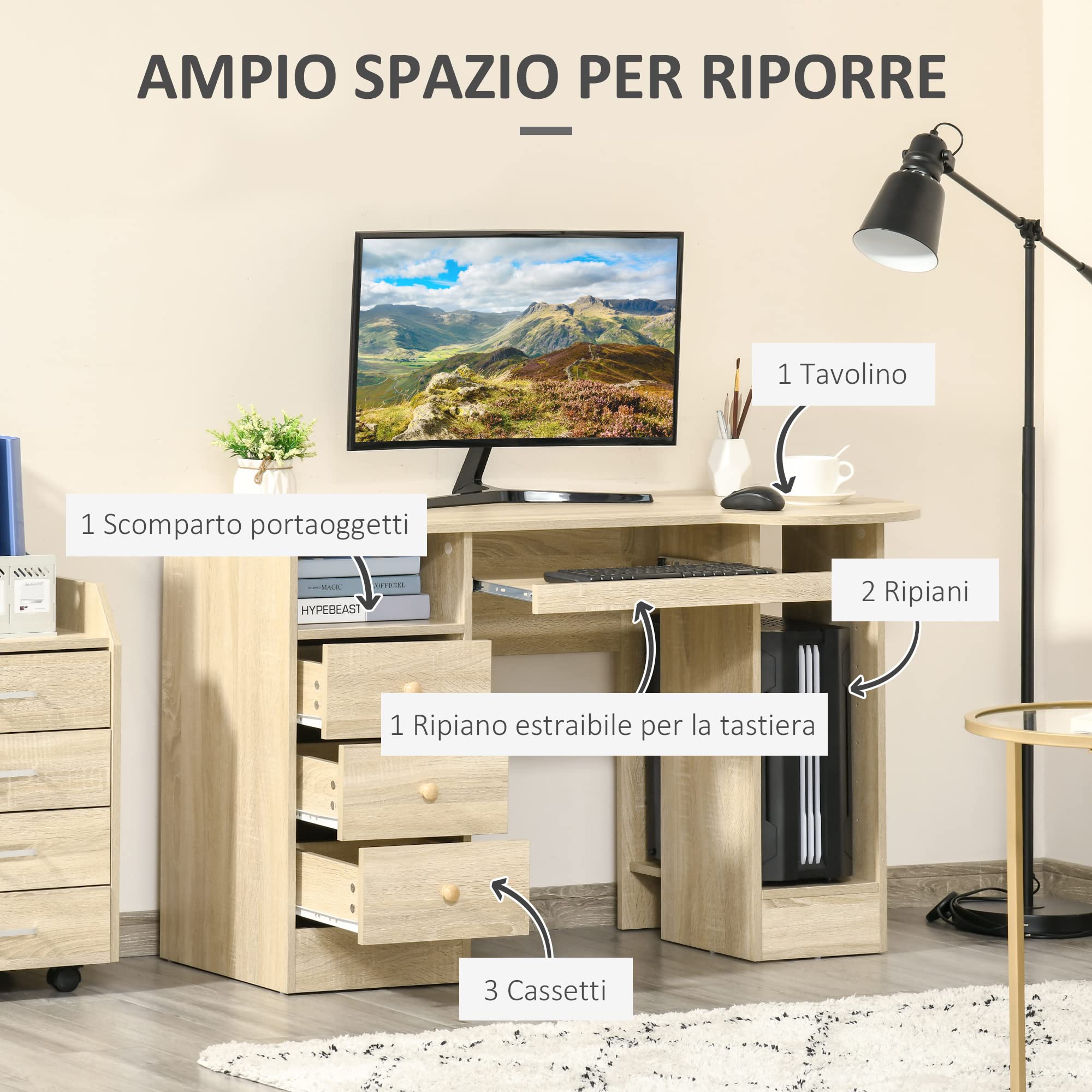 HOMCOM Scrivania da PC per Ufficio con Scaffali con Cassetti Color Legno | Ripiano Testiera in Legno, Scrivania per Computer