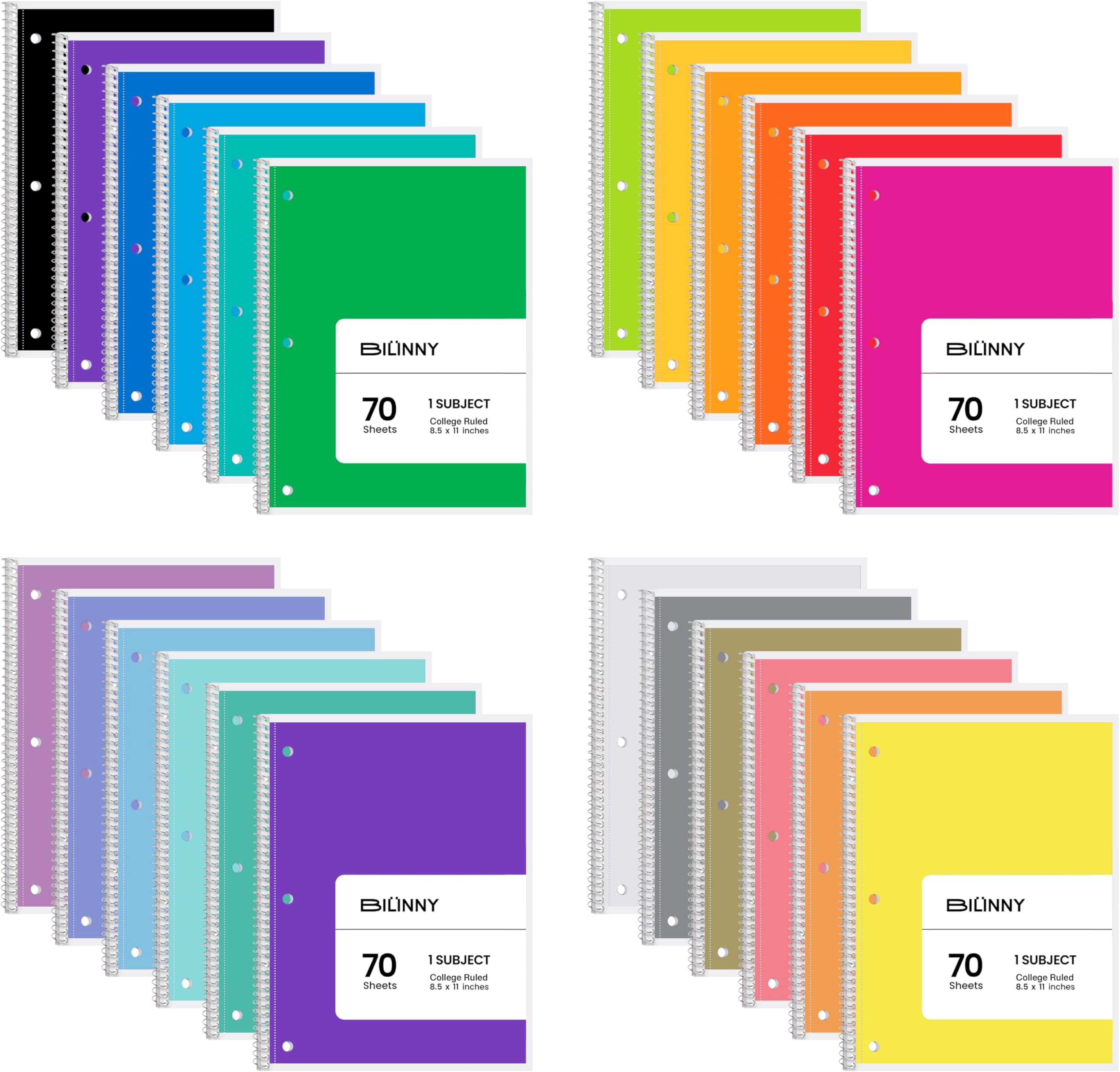 Spiral Notebook 24 Pack of 12 Bright & 12 Pastel Colors, 1 Subject, College Ruled, Notebooks for School - 8 X 10.5 Inch - 70 Sheets (24 Pack)