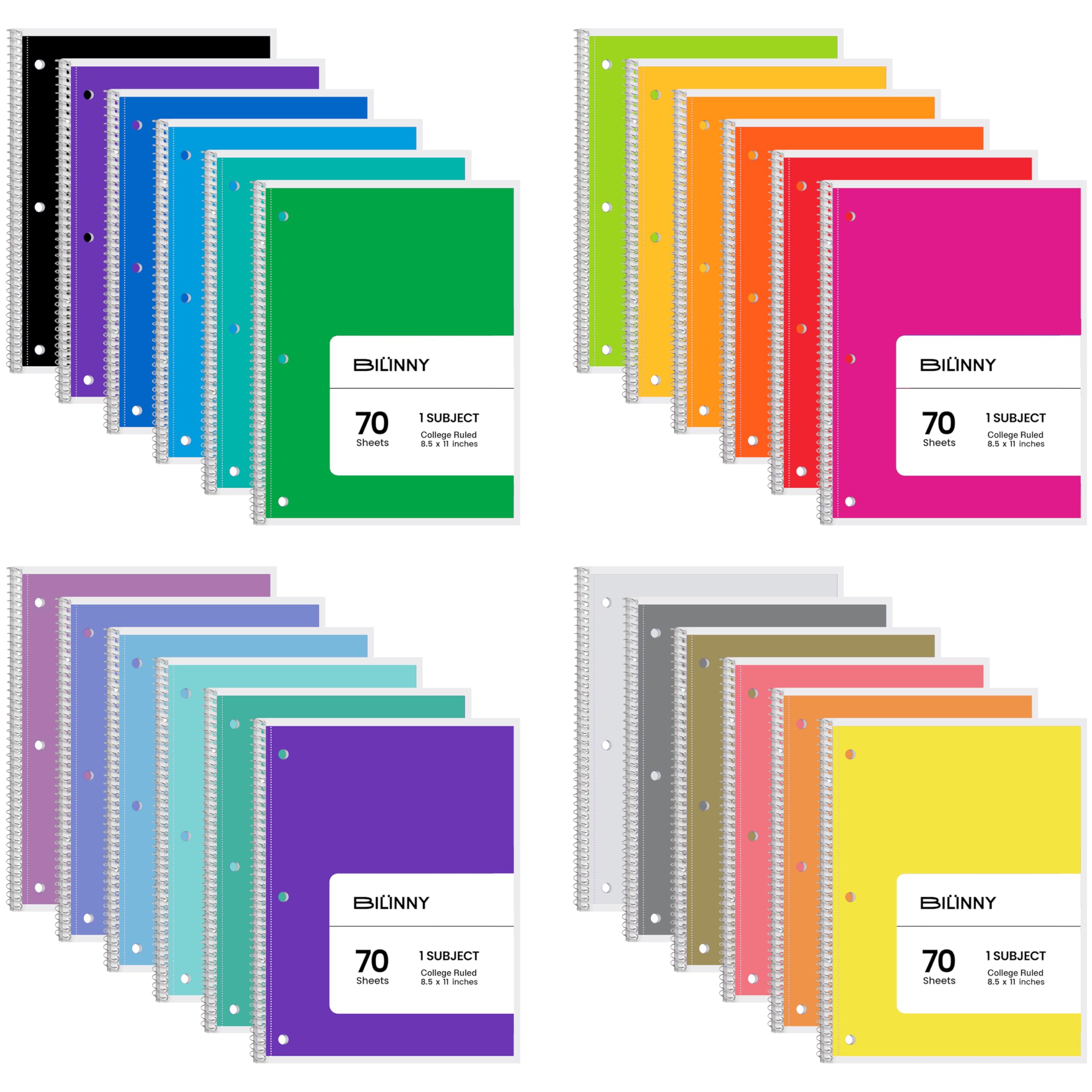 Spiral Notebook 24 Pack of 12 Bright & 12 Pastel Colors, 1 Subject, College Ruled, Notebooks for School - 8 X 10.5 Inch - 70 Sheets (24 Pack)