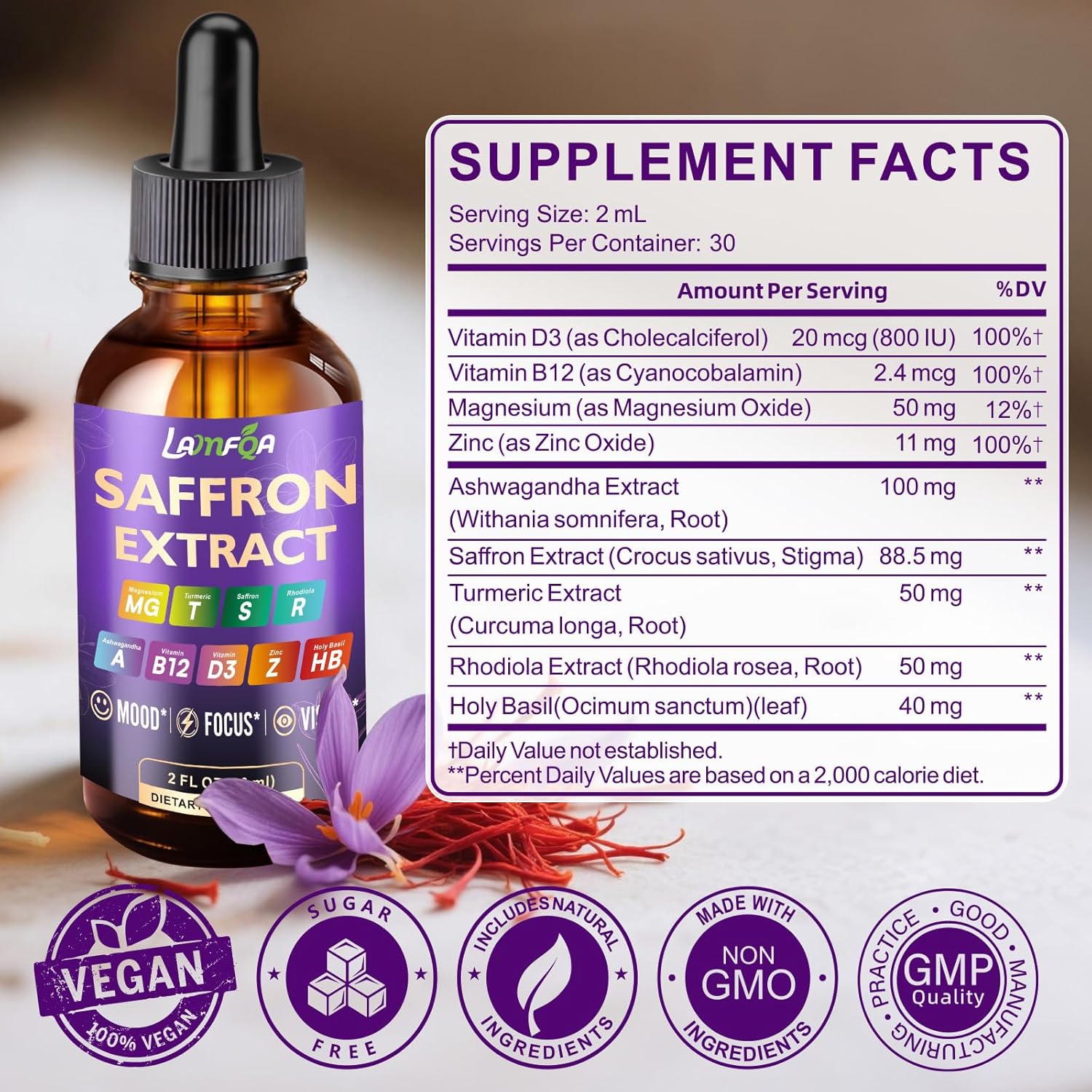 Saffron Extract for Anxiety Relief & Calm Mood Support | 88.5mg Saffron Supplement Drops for Mood, Focus, Eye Support for Mood, Energy & Cognitive Support - 2 fl oz - 2 Pack