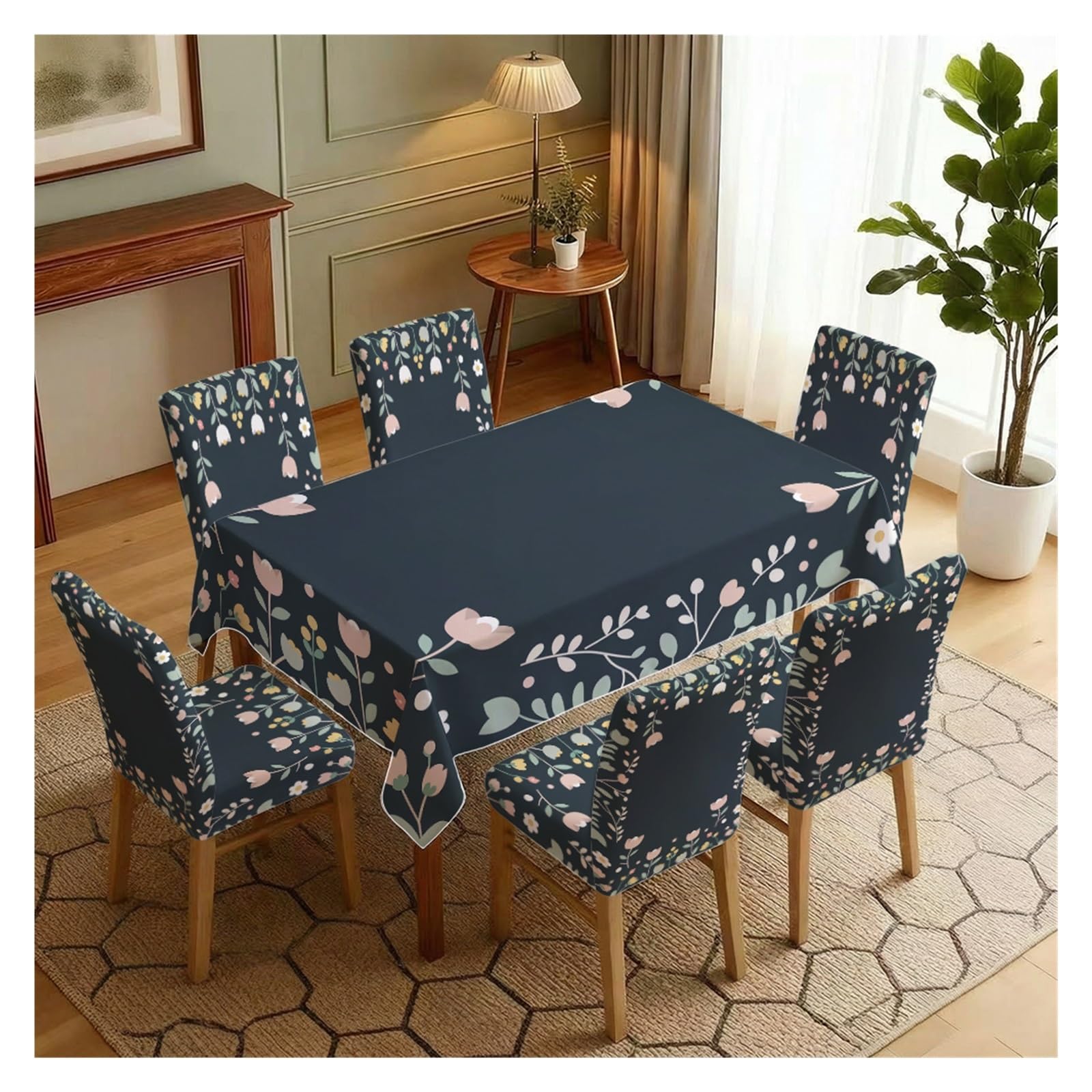 BOSUYBN Minimal Dark Background Pastel Tiny Floral Print Dining Tablecloth & Chair Covers Set, 5/7 Piece Simple Modern Cottage Dining Decor Table Setting(7pcs Set: Tablecloth+Chair Covers)