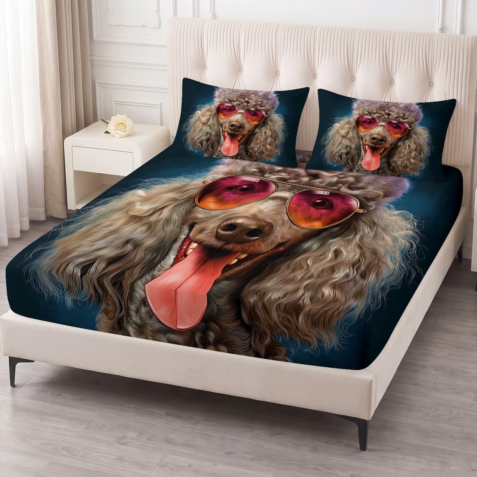 Prześcieradło z gumką dla dzieci, dziewczynek, chłopców, 160 x 200 cm, zwierzęce – miękkie, oddychające prześcieradło na materac z gumką, szary pies śliczny pudel prześcieradło z 2 poszewkami na