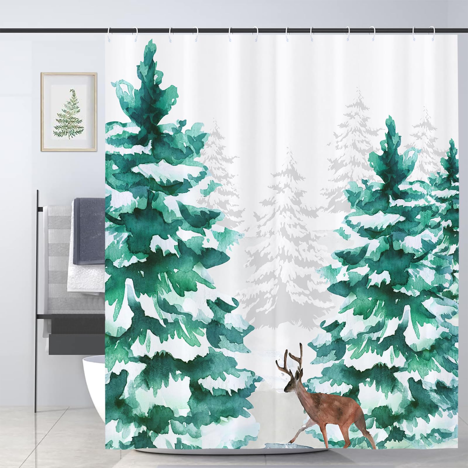 JOOCAR Winter Forest Shower Curtain Snow Forest Deer Shower Curtains Watercolor Holiday Bathroom Decor Polyester Fabric Waterproof Shower Curtain Set with 12 Hooks, 165x180cm — image 1