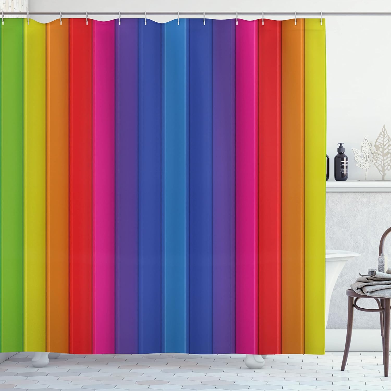 Ambesonne Abstract Shower Curtain, Rainbow Style Vertical Bands Tiles Stripes in Vivid Tones Colorful Design, Cloth Fabric Bathroom Decor Set with Hooks, 69" W x 70" L, Multicolor