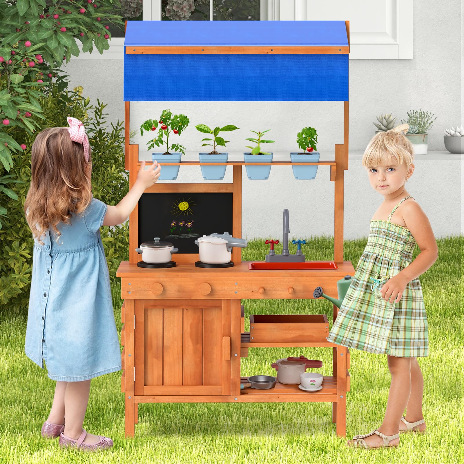 HONEY JOY Mud Kitchen with Canopy, Fir Wood Outdoor Play Kitchen for Toddlers, 4 Planting Cups & Box, Sink, Blackboard, Mud Table for Kids Outdoors, Natural