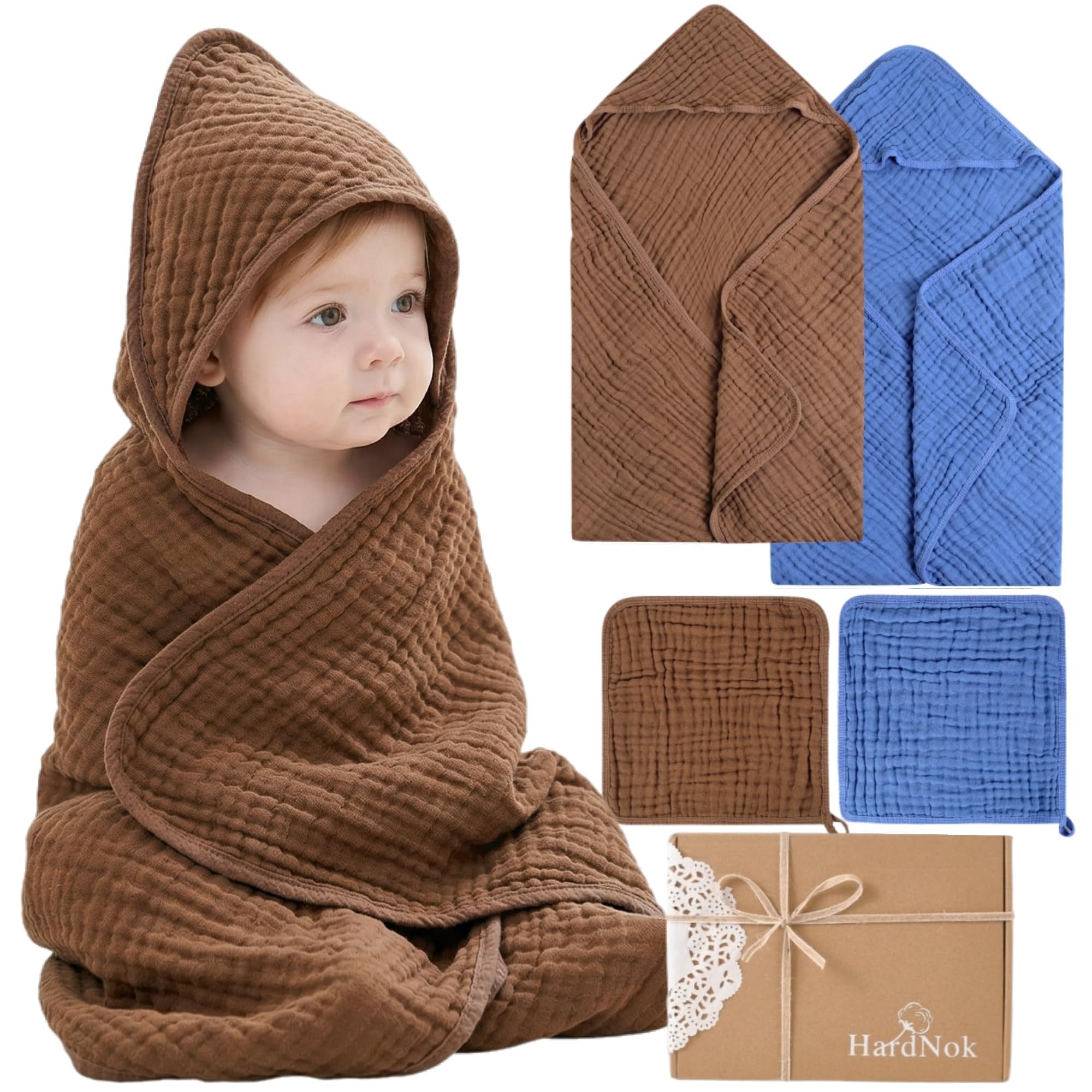 Toallas de baño de muselina para bebé, paquete de 4 toallas de baño de muselina de alta calidad, 6 capas, de algodón natural, suaves y cómodas para niños y niñas (café y azul)