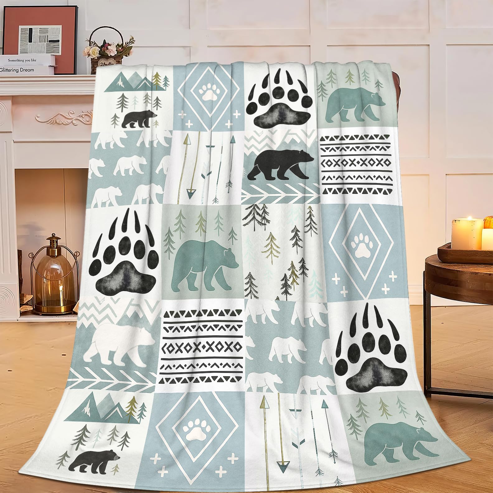 Bear Blanket Super Soft Warm Fluffy Fleece Flannel Forest Animal Throw Blanket Cozy Fuzzy Plush Stuff Bedding Blue Blankets Gifts for Women Kids Boys Girls Adults 50"X40"